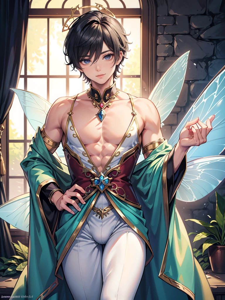 absurdres, highres, ultra detailed, HDR, master piece, best quality, Eiden, brown hair, expressive brown eyes, Nu Carnival, solo, sexy man, handsome, black horns, tail, horny, demon, fantasy black demon clothes, accessories, showing the chest, magical forest, petals, flowers