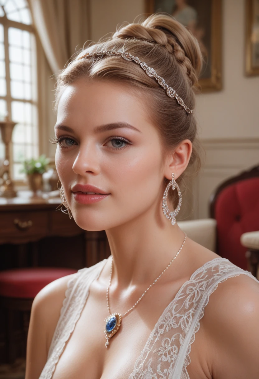 ((best quality)), ((ultra res)), ((photorealistic)), (intricate details), 19 years old, chignon blonde hair, perfect face, light on face, face detail, long hair, garnet necklace, amethyst tiara