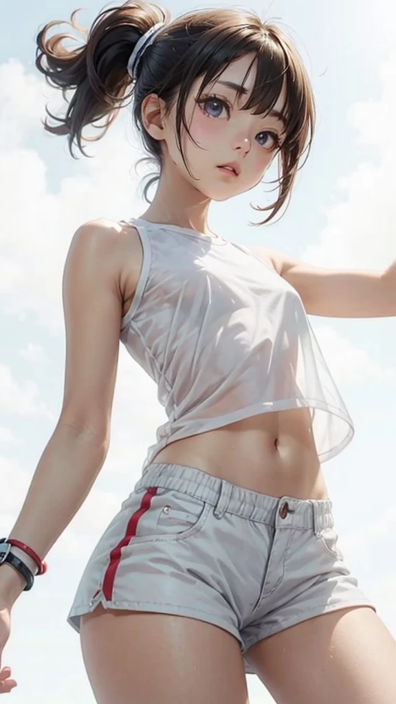 8k,Confused, High resolution, Very detailed, 1 girl, alone, Very beautiful eyes, Ultra-precise depiction, Artistic、Very detailed depiction, (Tangled:1.2), , (White high key background:1.5), (((White tank top:1.5))),The belly button is sticking out、 See through、、 short hair、Earrings and Necklaces、Platinum Blonde Hair, (Glowing Skin), Many colors, , (Shooting from the sky:1.2),、Flat Body、slim、cute、、Round face、Cast a Shadow、