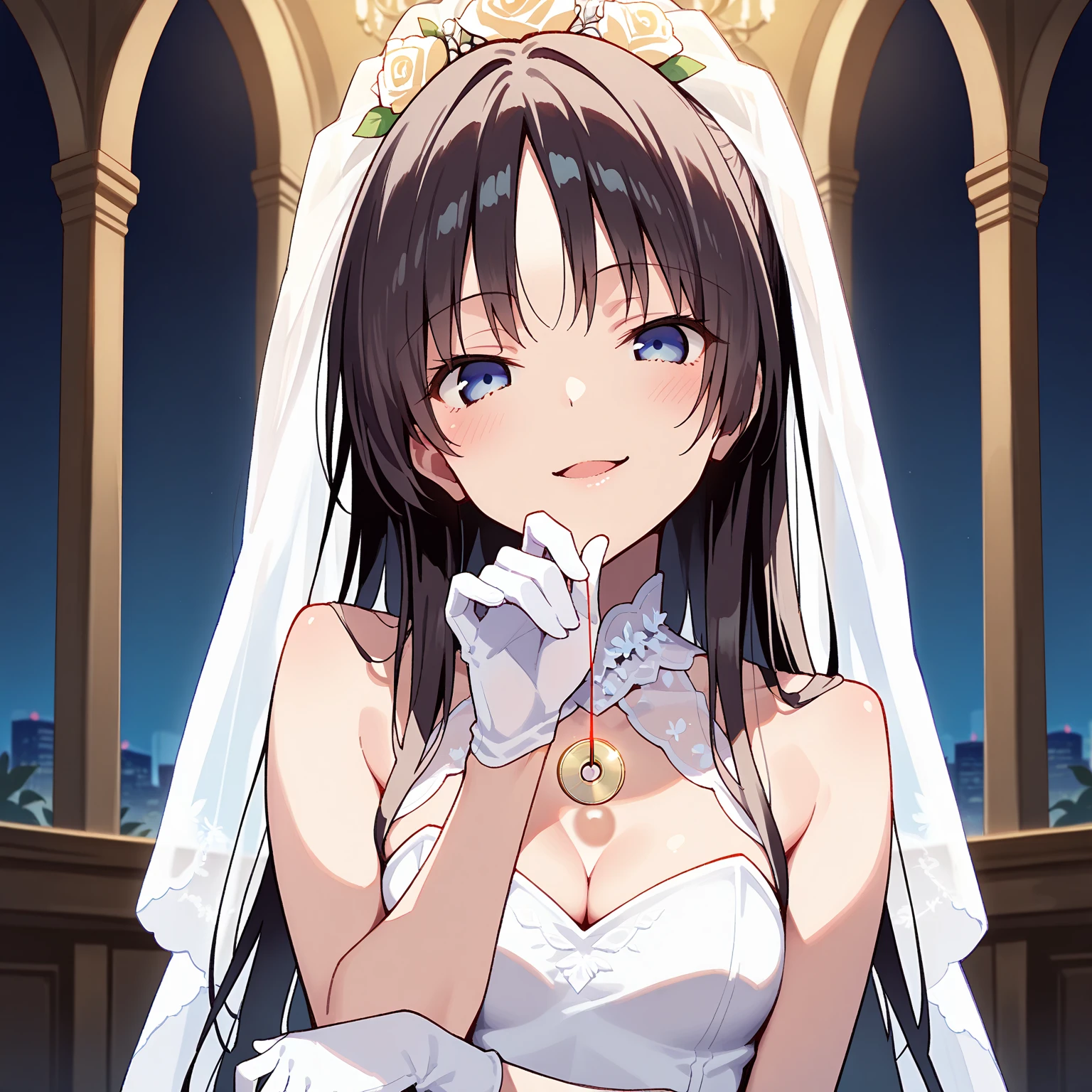(masterpiece, best quality), half by gary, 1 girl, Wedding dress, Close-up of beautiful bride wearing beautiful wedding dress,Gurwitz,(bridal veil:1.5),(Transparent short veil:1.5),Blushing face,Head flower,headgear,(tube top wedding dress:1.5),(Silk dress:1.2),(无肩带Wedding dress:1.5),pure white dress,necklace,earrings,(large breasts:1.3),深V桃心领Wedding dresangs,lipstick,(lace gloves:1.3),whole body照,High detail RAW color art,Long white dress,whole body,Place your hands behind your back,
