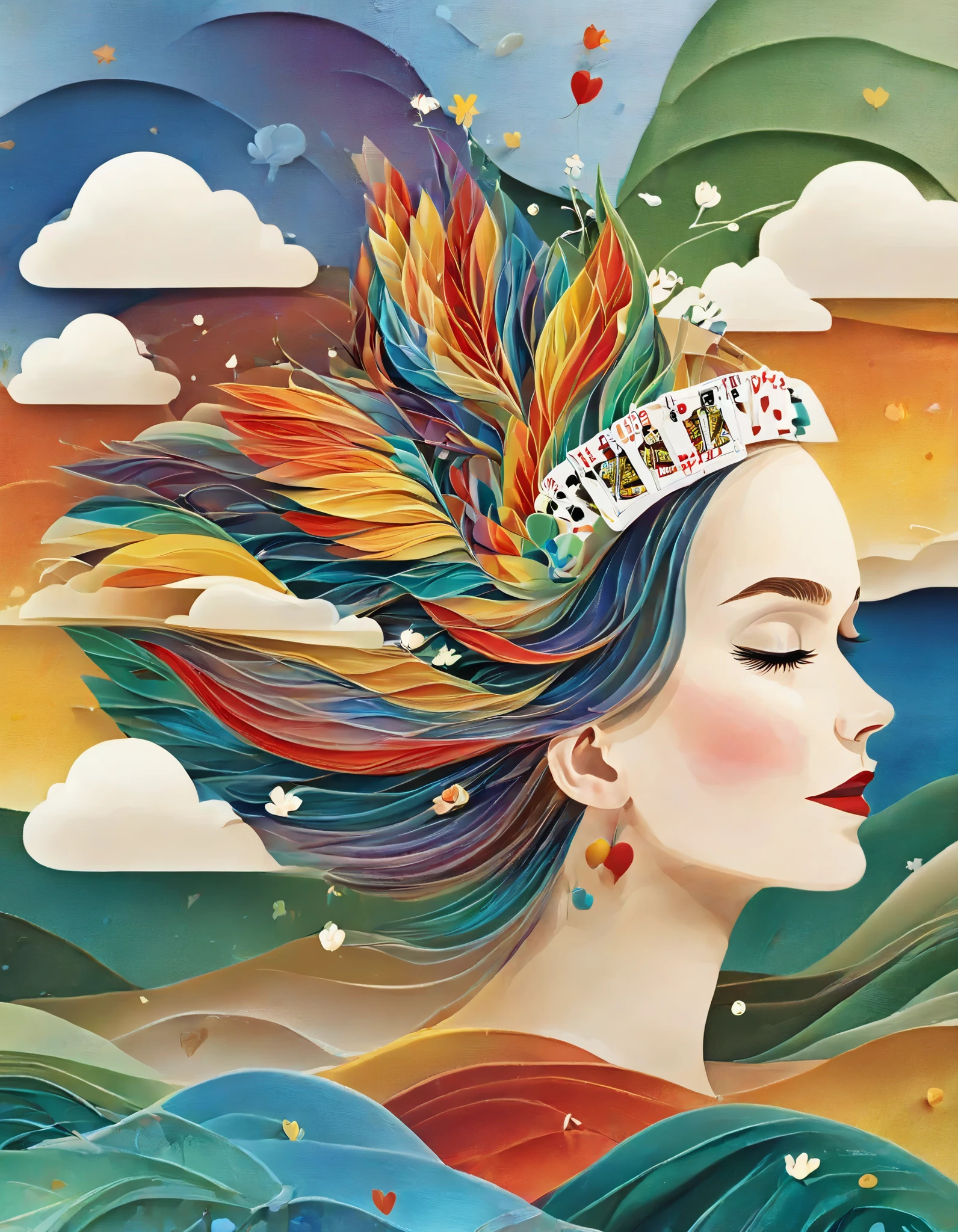 ,in style of Patchwork , in style of knit artwork , roboto character(Long Shot: 1.8), ( masterpiece, Best Quality : 1.2), (Flat vector: 1.3), art concept illustration , Minimalist, Minimalist风格,), A Chinese girl's head is decorated with many colorful trolley cases and(Playing cards playing cards ,sunglasses,straw hat, banner, and hair with racing and track elements, with various patterns and fonts ( The neck blends with the scattered racetrack ), ( sports trail ), Rainbow Alley fantasy illustration , evokes the charm of crazy racing . The background blends with her hair , portraits and racing elements put together , for imaginative illustrations , Dream concept