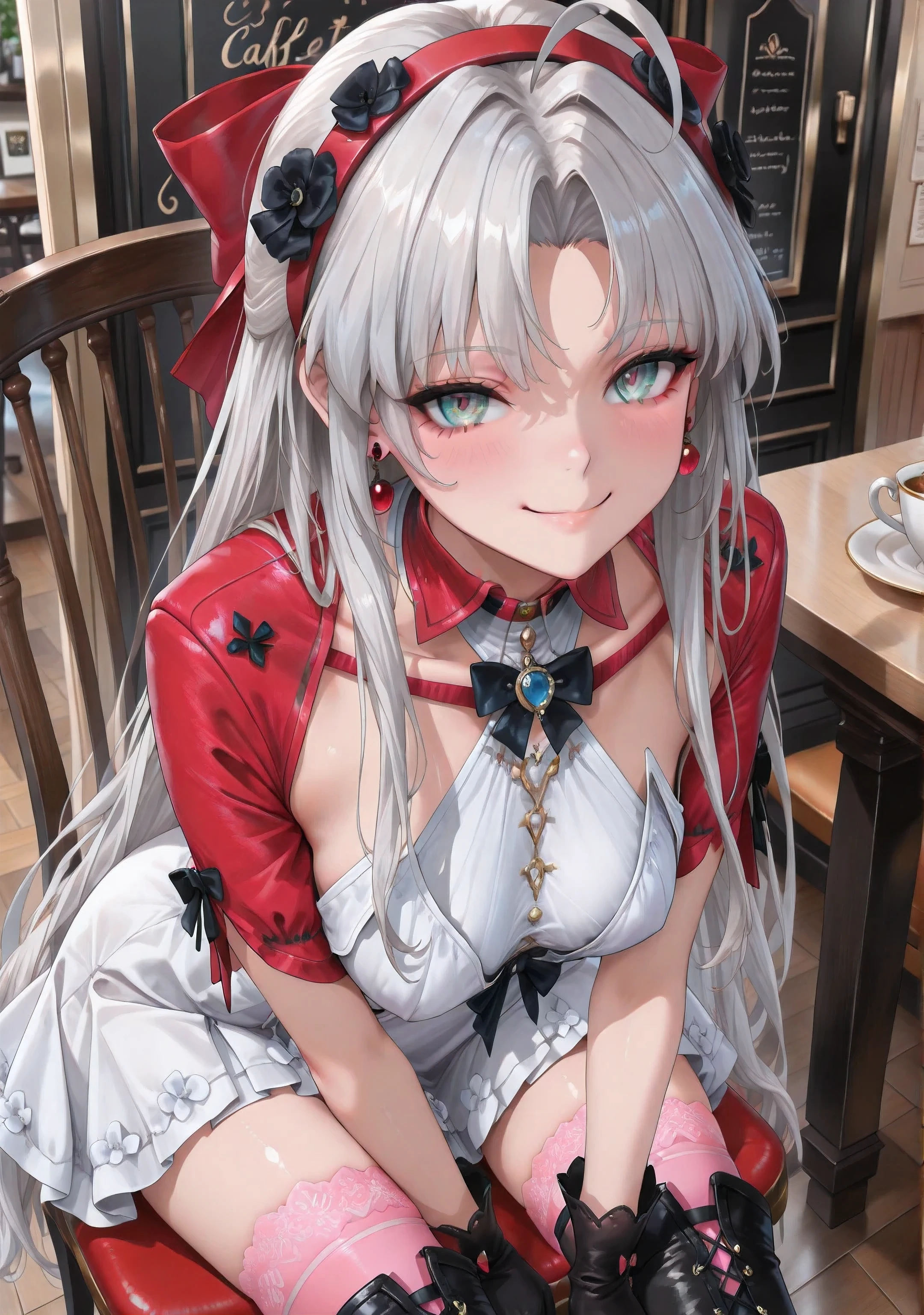 (masterpiece,high quality:1.4),absurdres, amazing quality, shiny skin,petite frame,cute face,perfect face,ray tracing,
carlottailvp, 1girl,16age, long hair, dress, parted bangs, grey hair, gloves, black gloves, ahoge, white hair, white dress, jewelry, bow, earrings, blue eyes, hair bow, thighhighs, medium breasts, (black flowers hairband), very long hair, (red hairband), grey eyes, multicolored eyes, thigh boots, pink thighhighs, thighhighs under boots,black high heel boots,indoor,cafe,sitting chair,Leaning forward,looking viewer,(smile,happy)face focus,close up,upper body,from front,Natural Light