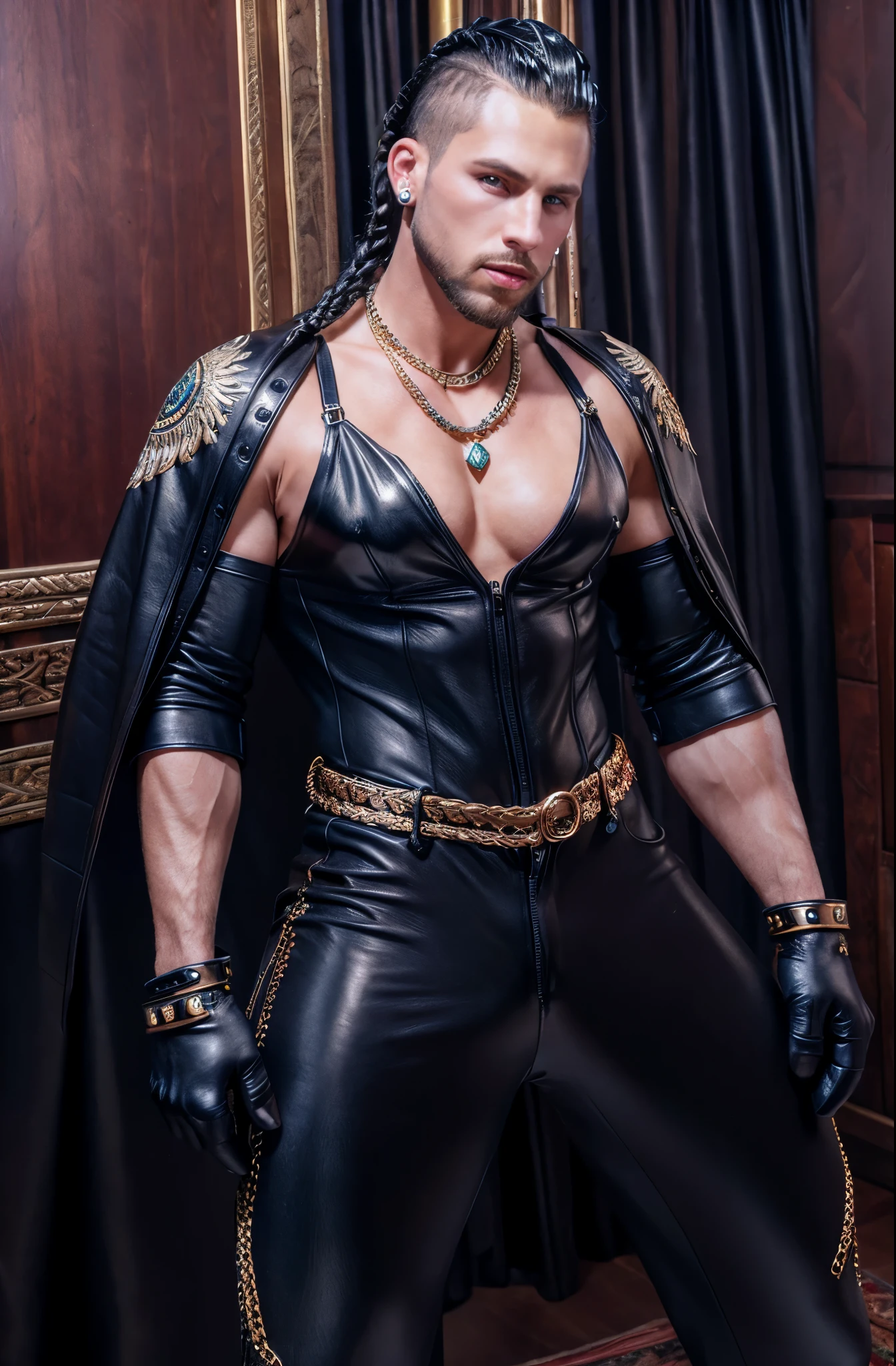 muscular shirtless arabian men, leather harness, briefs, embracing, kissing, dark room, black fur cape, crown, (best quality,4k,8k,highres,masterpiece:1.2),ultra-detailed,(realistic,photorealistic,photo-realistic:1.37), dramatic lighting, chiaroscuro, dramatic shadows, moody, sensual, intimate, passionate