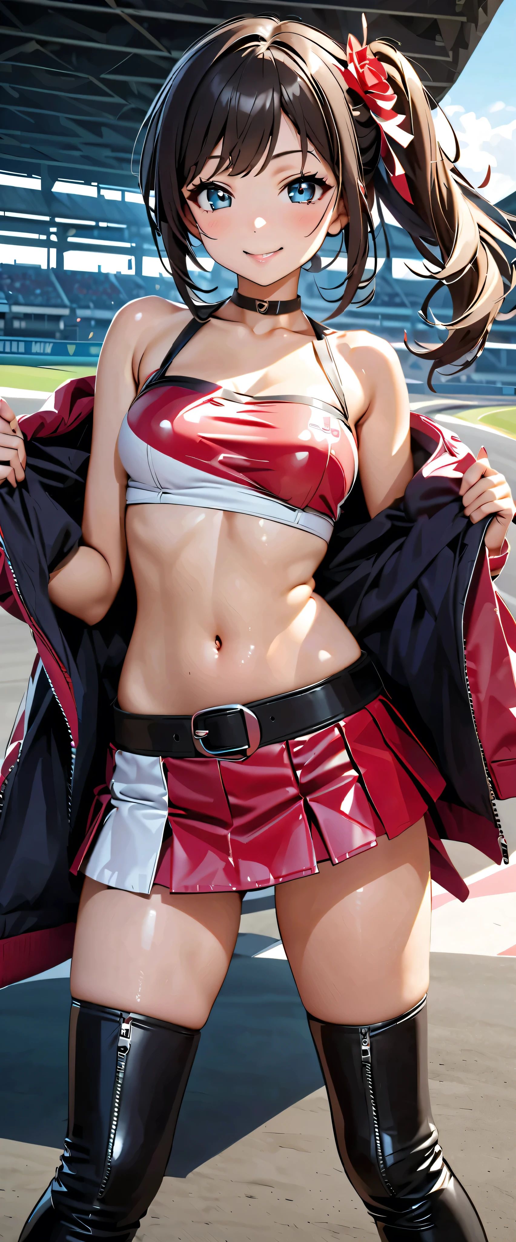 top quality, ultra high resolution, One person, small breasts, Black Choker, smile, exposes shoulders, focus only , Watch Viewers,Fair skin,Car racing track, photon mapping to viewers, physics-based rendering , RAW photos , Highly Detailed Background, K-pop Idol , depth of field, hair ornament, detailed face,輝く肌, game cg,whole body, shiny micro mini skirt ,shiny micro tube top,shiny knee-high long boots, Race Queen,Big Breasts, cute pose , sports car,Hold a jacket in your hand ,Gloss Lip,Tojo