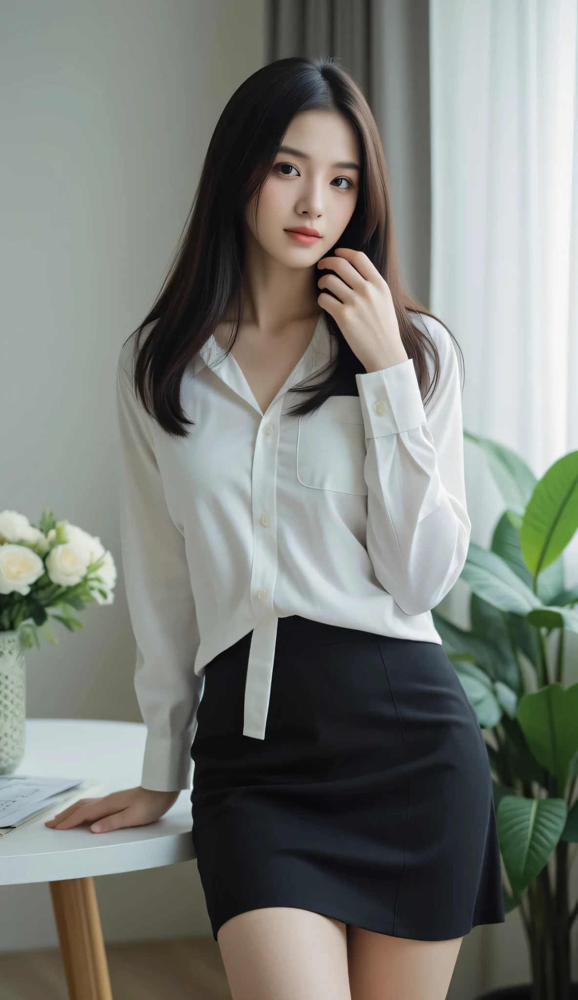 (Nineteen-year-old girl: 1.5), ( Beautiful girl: 1.5), Long black hair, ( Straight hair: 1.0), (balanced body: 1.0), ( beautiful Legs: 1.2),( Big hip: 1.5), ( Beautiful: 1.5), (Sexy: 1.5), (Tempting: 1.5), ( Adorable: 1.2), ( Attractive: 1.0), ( Office Uniform: 2), ( White shirt: 1.5), ( Short black skirt: 1.5), Offshoulder , ( Office room: 1.2),( Big breasts: 1.5), ( Good figure: 1.0), ( Cute face: 1.0),( Lovely girl: 1.2),( Realistic body: 1.5), ( Realistic face: 1.5),( Realistic shape: 1.3), Detailed skin, (Beautiful body: 1.2),( Realistic Hair: 1.0), ( Realistic background: 1.5),( deep view: 1.5), Innocent girl, Happy expression, Young girl,( Beautiful look: 1.2),( High-resolution photo: 1.5), ( Good-looking: 1.5), ( Detailed background: 1.3), ( Luxury apartment with modern objects: 1.3), ( Modern wallpaper: 1.3),( Fit image: 1.5)