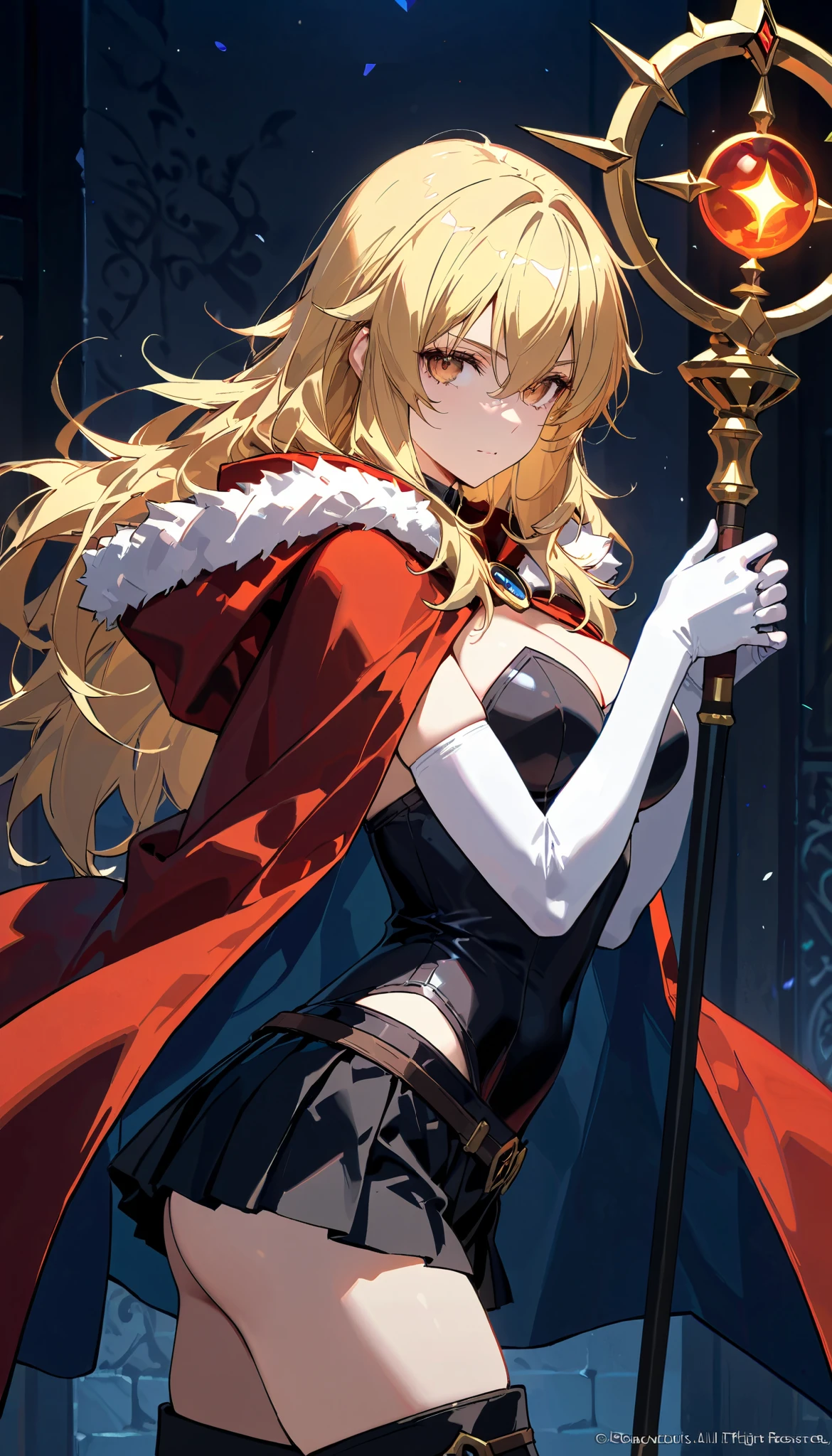 (artist:OKAZU:1.10), (artist:hiten:0.51), artist:WANKE, (artist:ciloranko:0.55), (Gina, Solo Leveling character), (masterpiece: 1.2), (best_quality: 1.0), (solo: 1.4), 1woman, 35 years old, (strict facial features), ((upper body, half body: 1,4)), ((ultra detailed, cinematic, hyper detailed, hyperresolution, official arts, wallpaper 40k, mind-blowing art)), (blonde long hair, hair between eyes), voluminous hair, bright brown eyes, mesmerizing eyes, beautiful finger, beautiful body, beautiful nose, beautiful character design, perfect eyes detail, perfect face, colorful, bright_front_face_lighting, (bright_color: 1.2), (beautiful, medium breasts size: 1.2), (big ass: 1.2), muscular woman, (beautiful_face: 1.5), medium physique, seductive, muscular woman, (beautiful, clean skin), side view, (leotard, leotard with short skirt, short skirt, black skirt, black leotard, fur-trimmed cape, red cape, fur trim, gloves, elbow gloves, white gloves, mid-thigh boots, black boots), (chenille clothes), medium cleavage, ((wizard woman, short magic staff,magic, spell contours)), head is not covered, matte color clothing, (against the background of the walls of the gloomy dungeon), hands forward, both hands hold the staff,