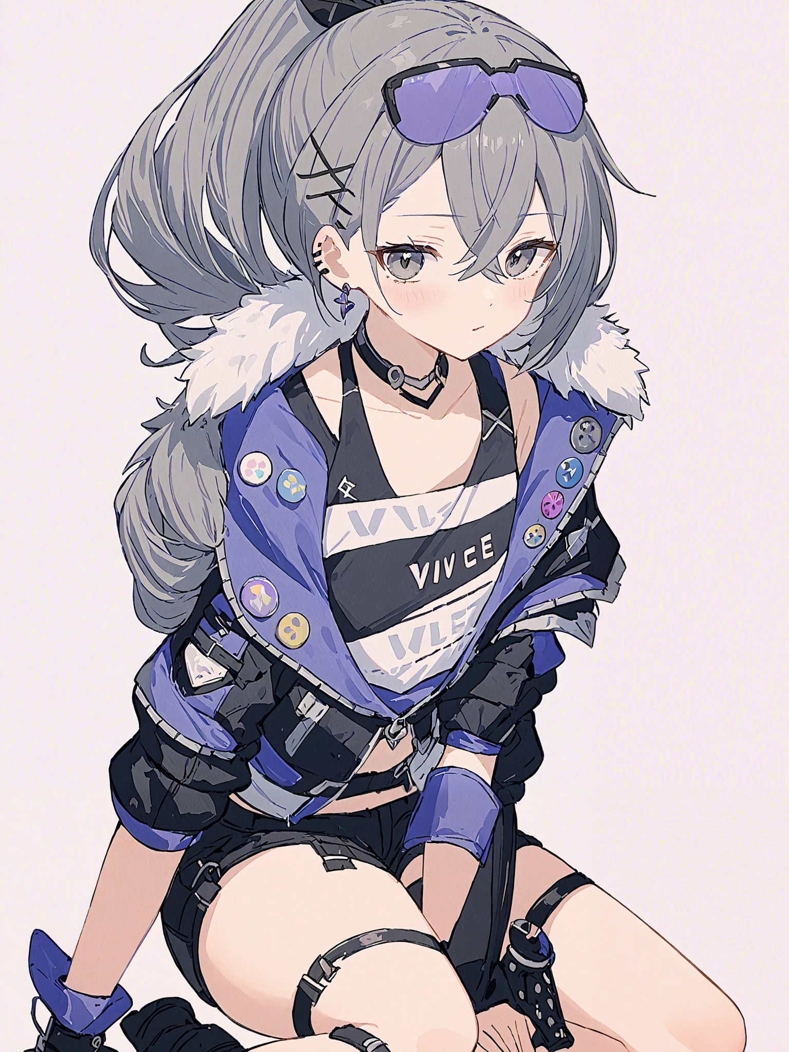 1 girl, Alone, jacket, grey_eye, grey_hair, gloves, Fingerless_ gloves, black_ jacket, sitting, shorts, black_ gloves, black_ shorts, fur_ trim , shirt, accurately _in_viewer, fur- trim med_ jacket, 前hair, closed _mouth, jewelry, earrings, hair_ between_eye, full_body, length_hair, white_background, hair_ ornament, ribbon