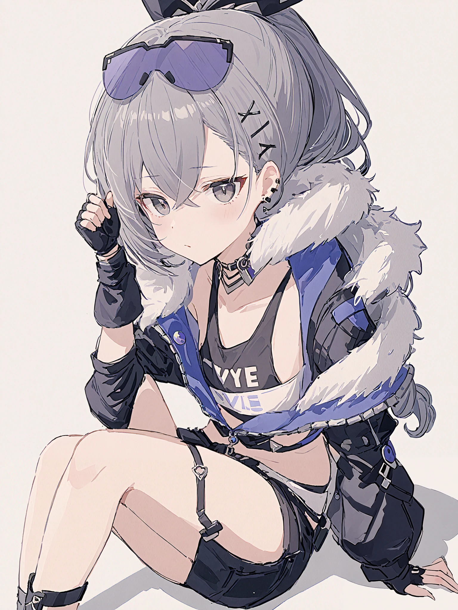 1 girl, Alone, jacket, grey_eye, grey_hair, gloves, Fingerless_ gloves, black_ jacket, sitting, shorts, black_ gloves, black_ shorts, fur_ trim , shirt, accurately _in_viewer, fur- trim med_ jacket, 前hair, closed _mouth, jewelry, earrings, hair_ between_eye, full_body, length_hair, white_background, hair_ ornament, ribbon