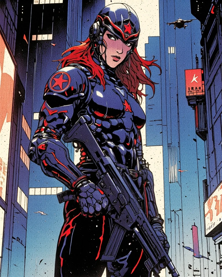 illustration, medium shot, upper body, pretty girl, busty, curvy, futuristic, (skintight white body suit:1.2), wide hips, sexy, (armor:0.8), (cyborg:0.8), cyberpunk, city background, long hair, pretty face, <lora:android-seams:0.5> android-seams, <lora:detail_slider_v4:1.5>, <lora:TronFashion:0.35> tronfashion <lora:Immoral_City:1>, Sin_City_Style, red hair, monchrome, monochrome, line art, 1 bit, bold lines, high contrast, 2D, illustration, vector graphic, comic style drawing, graphic novel, cross hatching, inked, by phil noto and Jim Lee, sharp, extreme detailed, HD, HDR, 4K, masterpiece, high quality, high resolution, professional