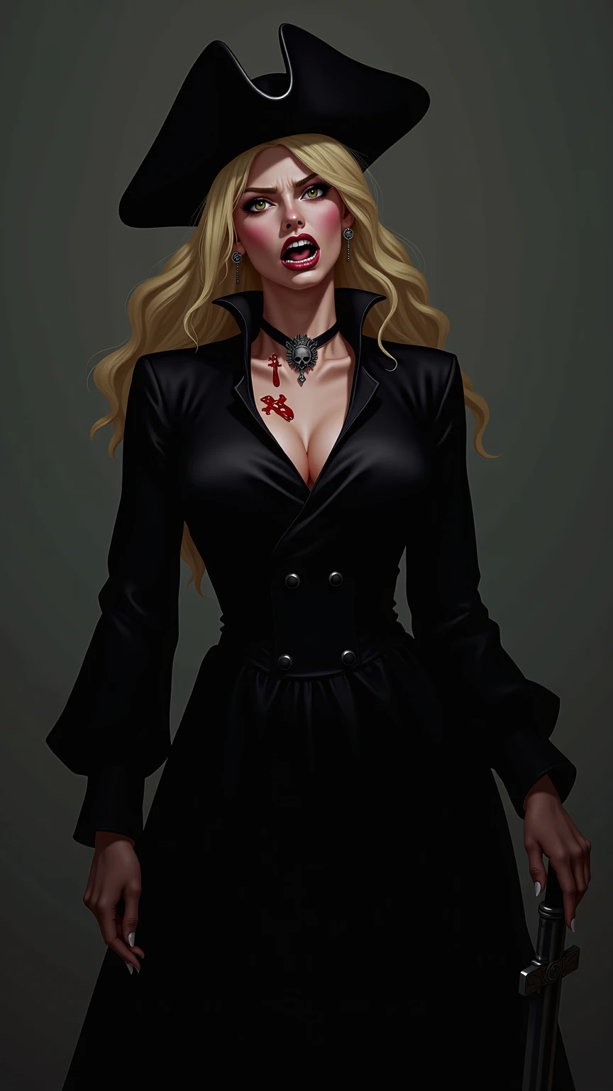 (extremely detailed 8k wallpaper), dark theme, Vampire the Masquerade, modern horror, 2020s, extremely fat woman, wearing black opera dress, sharp focus, (subsurface scattering:1.1), award-winning photography, centered face, Melissa McCarthy's face, ((a Toreador vampire)), half-body photo:1.1, curly long blonde hair, black eyes:1.2, serious smile, on stage of a large theater packed with people, dramatic lighting