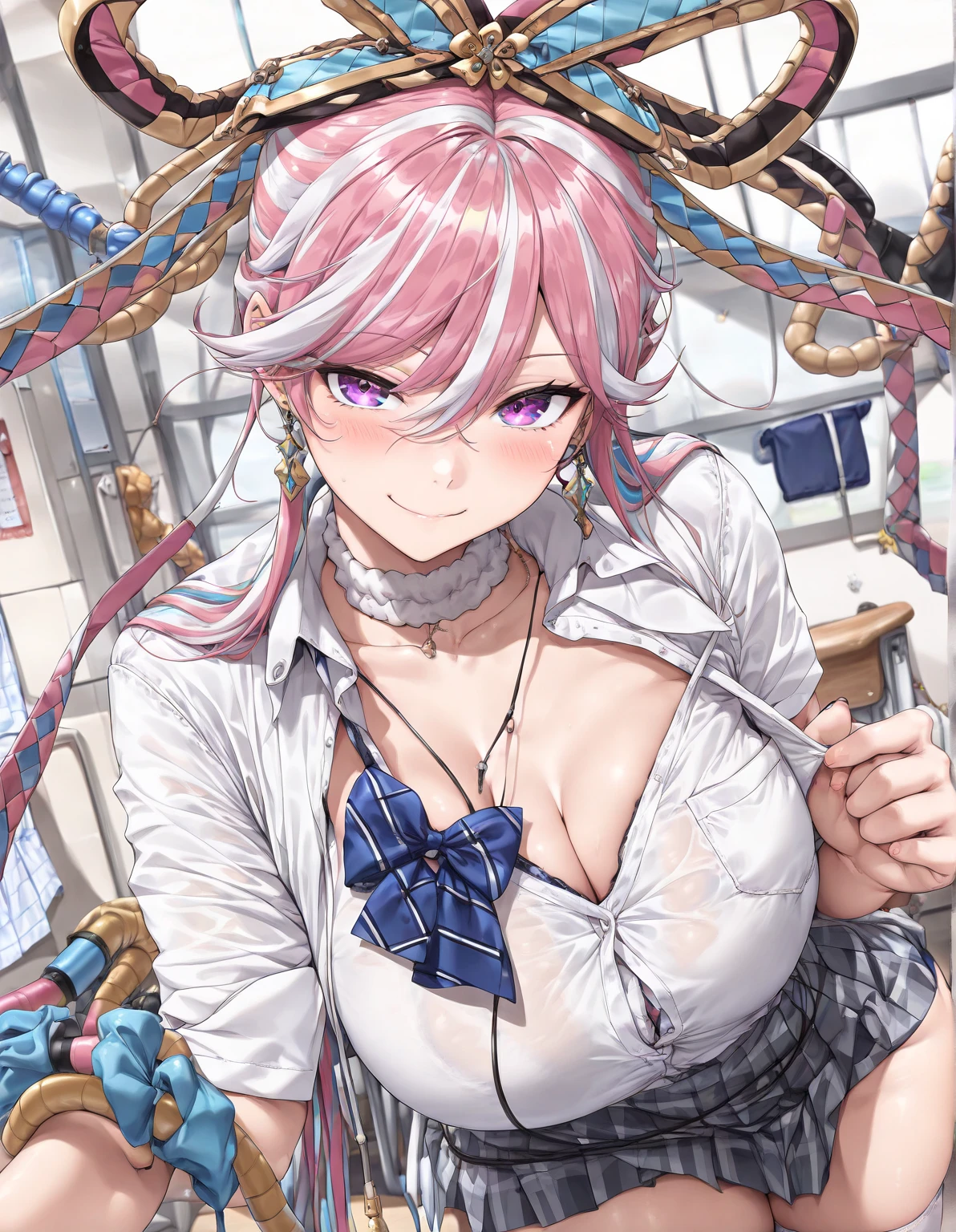 "(masterpiece:1.1), best quality, NSFW,
1girl, gyaru, (80s anime style:1.4),
pink hair,
(hair slicked back:1.2), (twin braids:1.1),
brown eyes, (red lip stick:1.1),
(slim body:1.2), (huge breasts:1.1),
(shy:1.2), (open mouth, tongue out, blush:1.2),
(thong panties, topless:1.2), (pasties, pubic hair:1.4),
long gloves, hoop earrings, headband,
standing, peace sign,
upper body,
(daytime, classroom:1.2)"