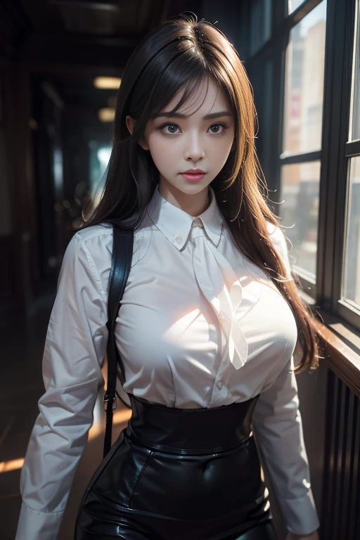 Top quality, masterpiece, High Detail, 16K quality, beautiful , Light brown medium length hair, Beautiful eyes in light brown color, Uniforms, White shirt, Black_Pantyhose, White panties showing through Pantyhose, Plump large breasts, Large breasts that sag due to gravity, blush, She looks at the camera, Look of ecstasy, Evening class, bright red sky, beautiful clouds in madder color,Standing
