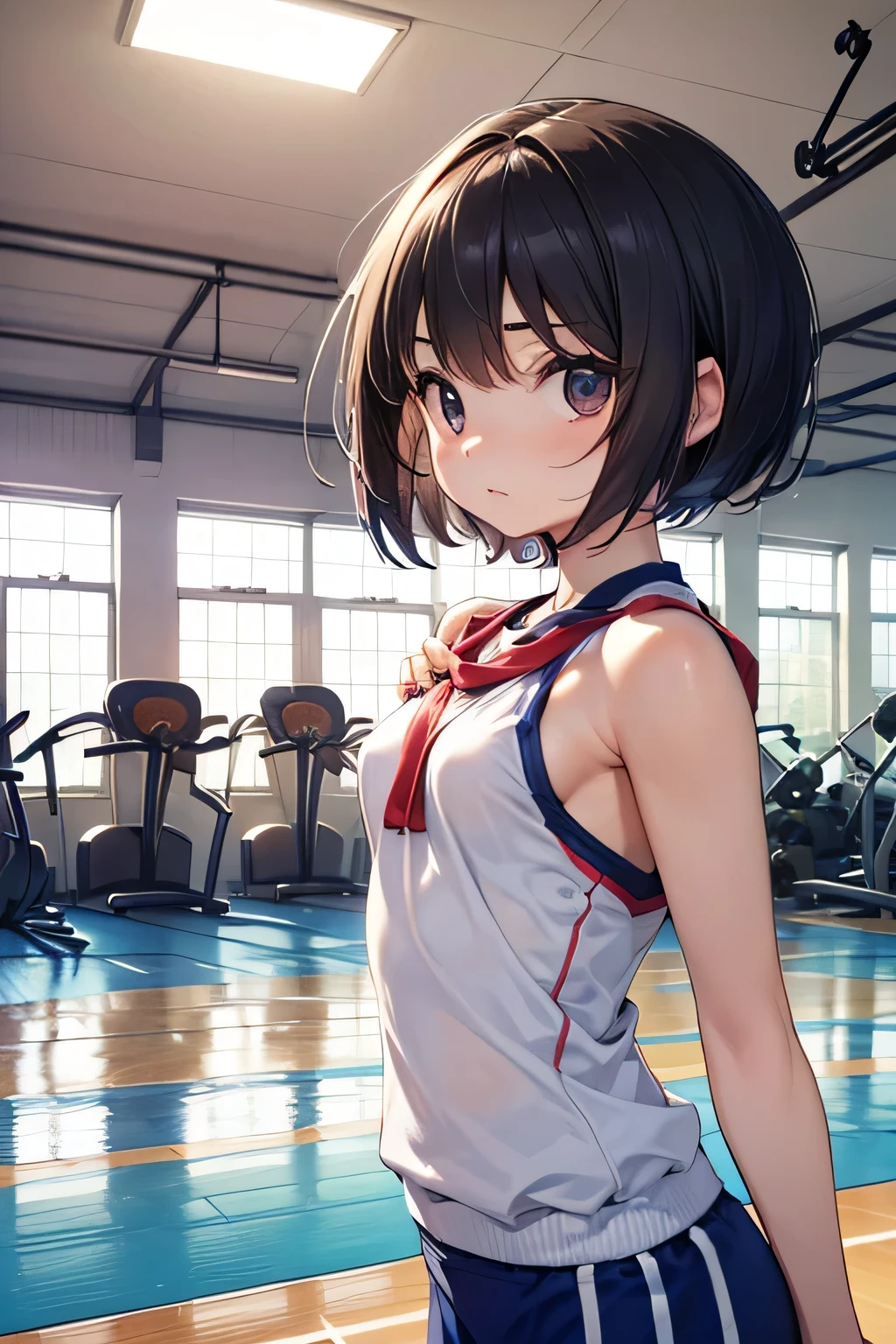 bob cut, floating hair, light blush, volleyball, during a match, x hair ornament, ping-pong, sweat, half updo, anime, anime style, 4K, textured skin, super detail, best quality, award winning