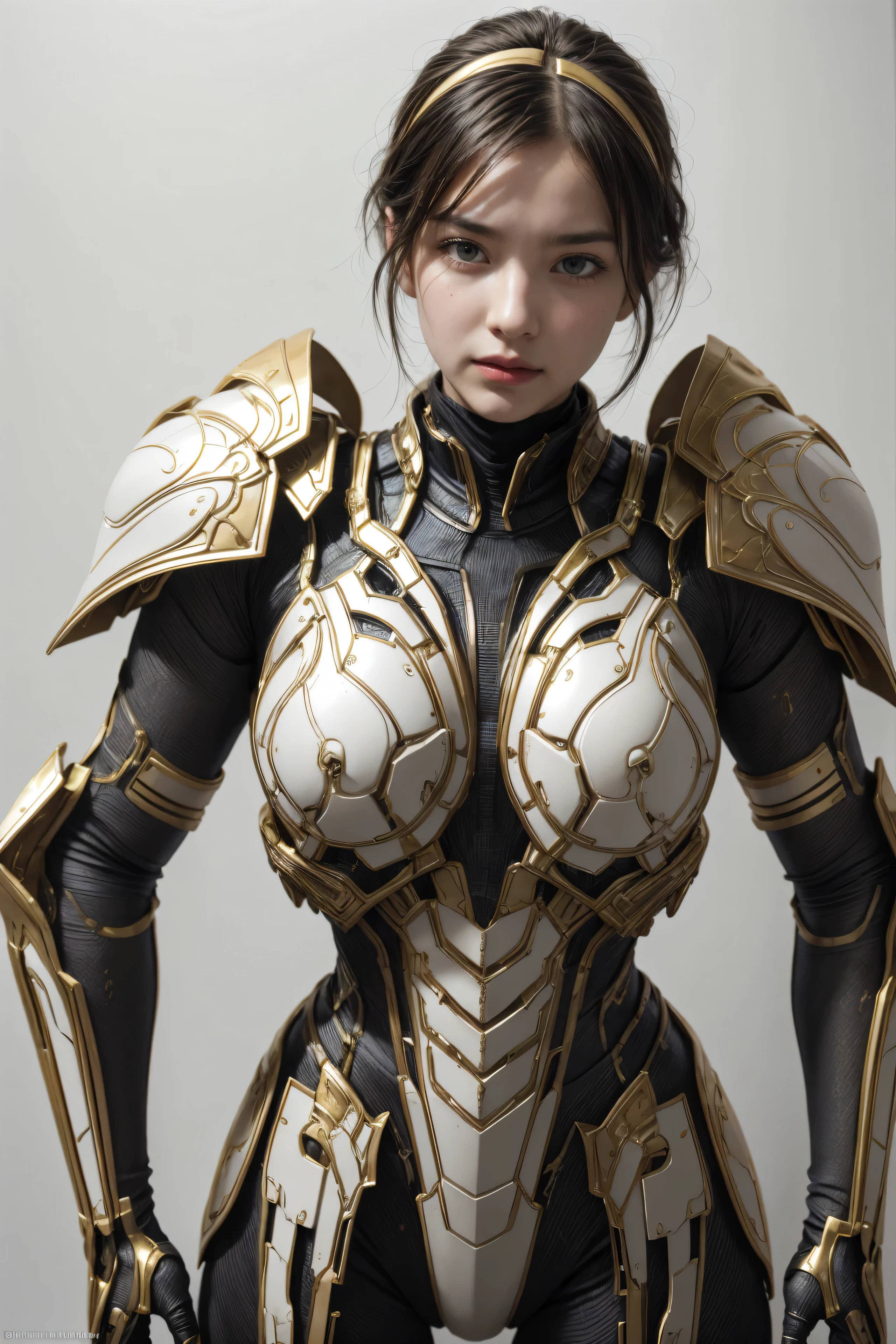 Photo of adepta sororitas, argent shroud, full armor, full metal armor, Christina Chong beautiful face, narrowed eyes. smirk. black braided hair with narrowed eyes, wearing intricate ornamented metal armor, stern face,, solo, (female:1.2), epic, platinum white armor, white pelvic curtain, bronze trimmings, , facial scar, iron halo, ((upper body:1.3)) focus, close-up, banner background,
