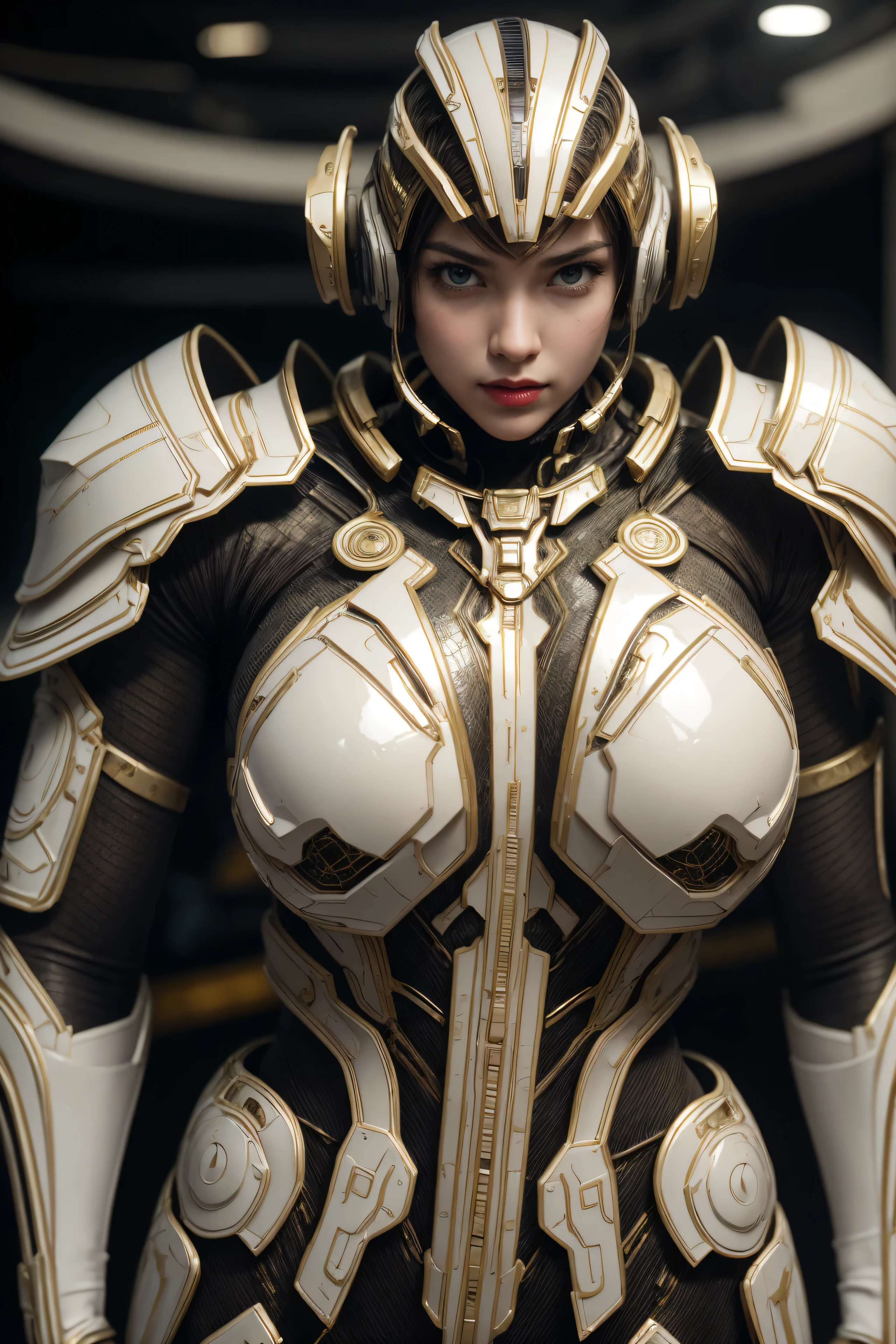 Photo full body of adepta sororitas, Nurse , argent shroud, full armor, full metal armor, Christina Chong beautiful face, narrowed eyes. smirk. black braided hair with narrowed eyes, wearing intricate ornamented metal armor, stern face,, solo, (female:1.2), epic, platinum white armor, white pelvic curtain, bronze trimmings, , facial scar, gold iron halo, ((upper body:1.3)) focus, close-up, banner backgroun
