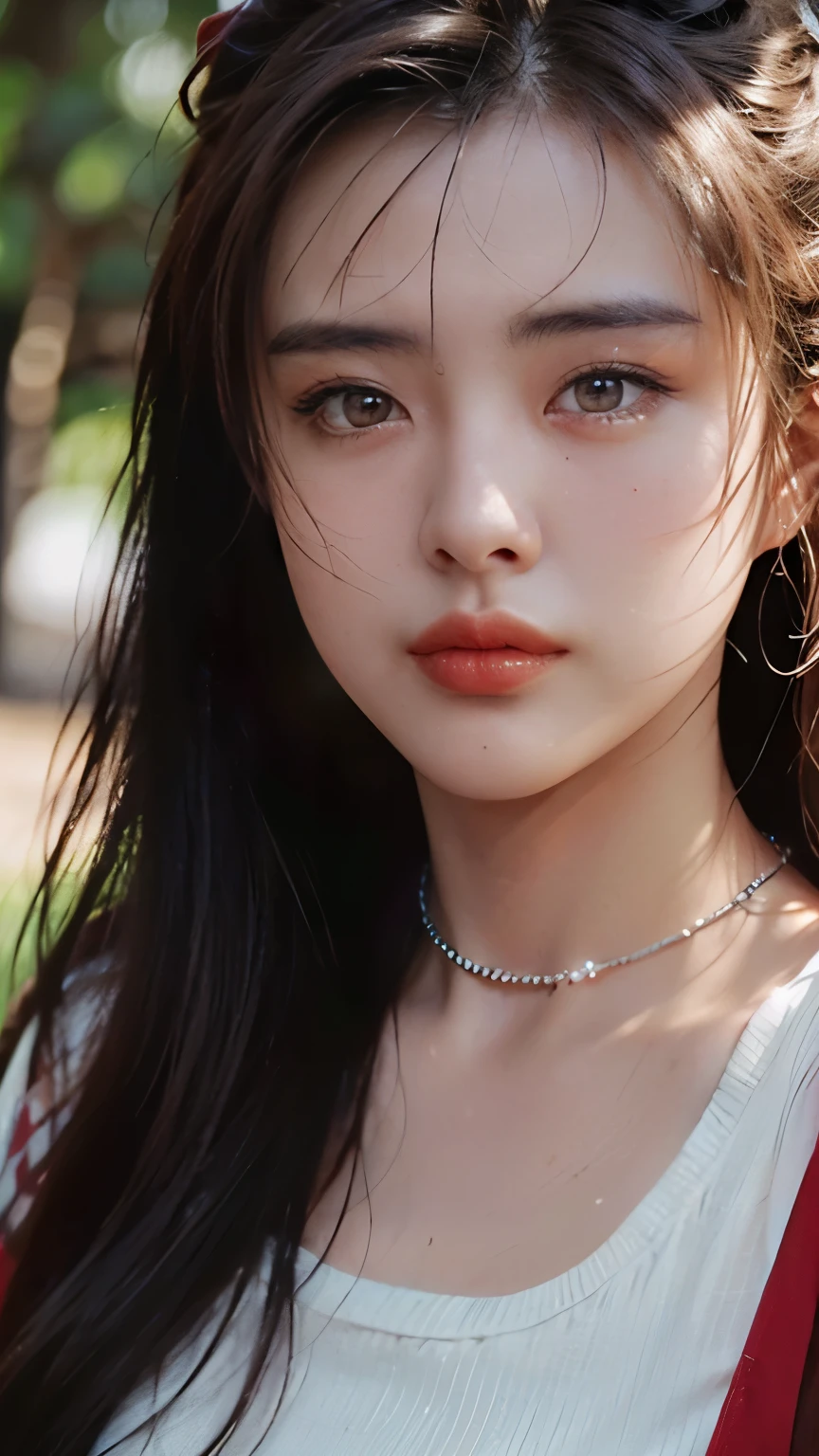 8k, Masterpiece, raw photos, best quality, realistic, Very detailed CG unity 8k wallpaper., depth of field, Cinema-grade lighting, lens flare, Ray tracing, (Very beautiful face, beautiful lips, beautiful eyes), A face with intricate details, ((Ultra-detailed skin), รูปถ่ายของสาวสวย 1 คนbest quality, Ultra high resolution, (realistically:1.4),cute hair clip,1 girl,long red hair,cropped sweater ,Beautiful woman with a slender figure:1.4, Pronounced abdomen:1.4, on the island,A particularly detailed face,Exquisite eyes,Double eyelids,choker necklace