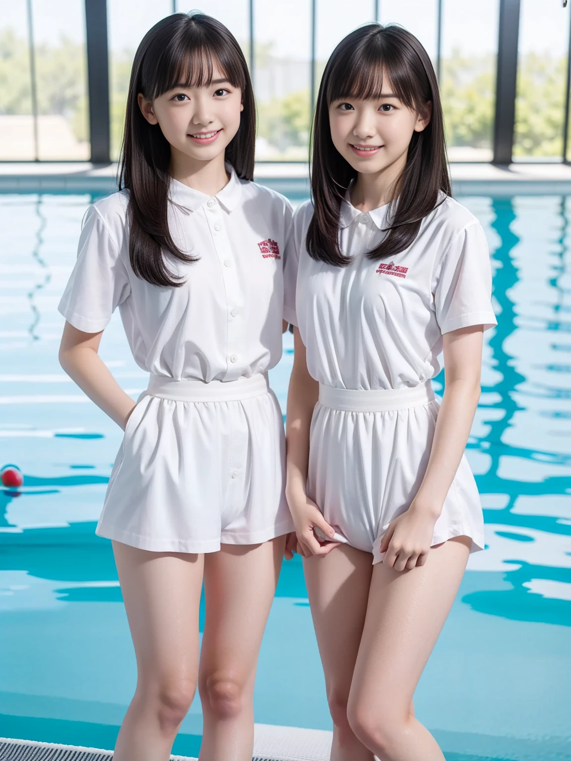 cute, two girls, elementary school students, , black hair, ponytail, school track suit, white short sleeves, blue shorts, innocent smile, (shiny skin), big bust, ((see-nipple)), (((wet))), (((see-through)))