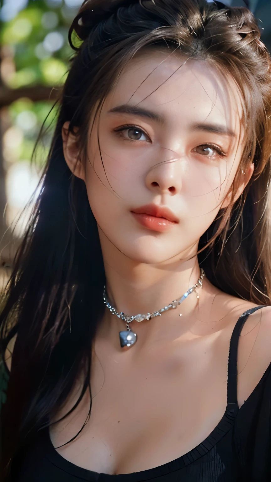 8k, Masterpiece, raw photos, best quality, realistic, Very detailed CG unity 8k wallpaper., depth of field, Cinema-grade lighting, lens flare, Ray tracing, (Very beautiful face, beautiful lips, beautiful eyes), A face with intricate details, ((Ultra-detailed skin), รูปถ่ายของสาวสวย 1 คนbest quality, Ultra high resolution, (realistically:1.4),cute hair clip,1 girl,long red hair,cropped sweater ,Beautiful woman with a slender figure:1.4, Pronounced abdomen:1.4, on the island,A particularly detailed face,Exquisite eyes,Double eyelids,choker necklace