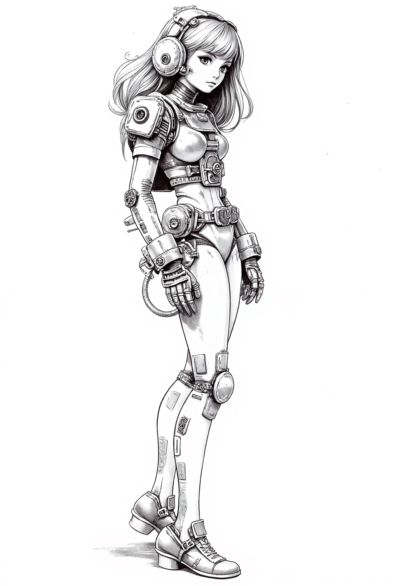 Black and white ink design drawing of a beautiful petite girl with a slender feminine figure wearing a robot costume, isolated on a white background.