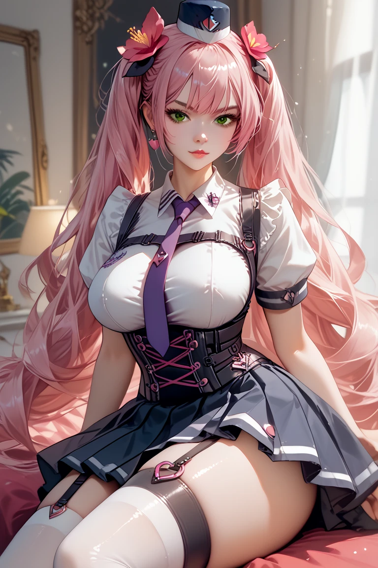 1girl, mature female, shiny skin, (masterpeice), (wallpaper), (high quality), (absurdres), bonnie, pink hair, twintails, orange eyes, fake animal ears, two-tone hair, bangs, long hair, looking at viewer, black dress, black skirt, lace-trimmed skirt, bare shoulders, wrist cuffs, smile, solo, striped, striped legwear, halterneck, neck ribbon, red ribbon, wand, heart,pink legwear, black corset,standing, hands on own hips, chalkboard, cowboy shot, window,