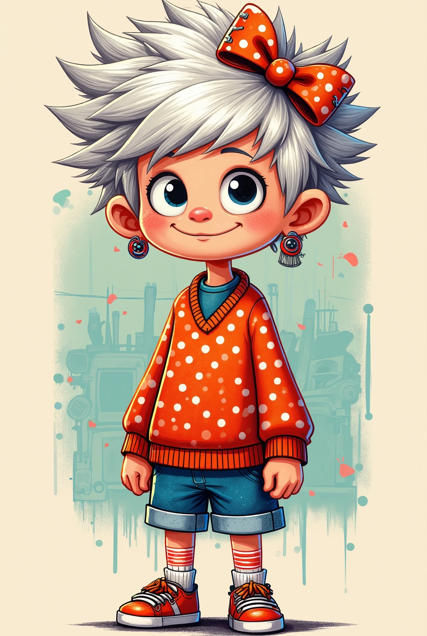 illustration, cartoon,Pixar,( masterpiece, Best Quality :1.2), 1 Chinese Grandma , is unique,White wavy hairstyle, Light and Fluffy Long Hair , Playing Card Bow Headband, Polka Dot Playing Card Sweater ,Sweater details,pure background ,in style of dieselpunk ,