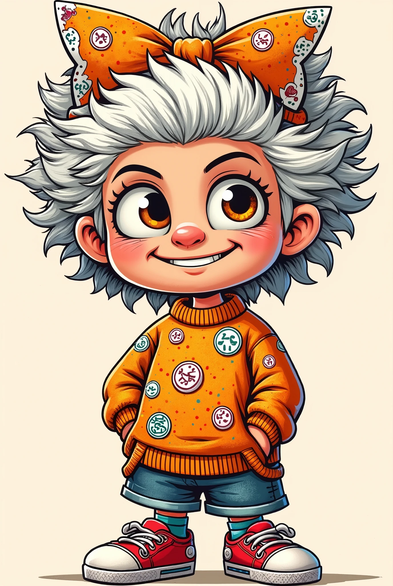 illustration, cartoon,Pixar,( masterpiece, Best Quality :1.2), 1 Chinese Grandma , is unique,White wavy hairstyle, Light and Fluffy Long Hair , Playing Card Bow Headband, Polka Dot Playing Card Sweater ,Sweater details,pure background ,in style of dieselpunk ,