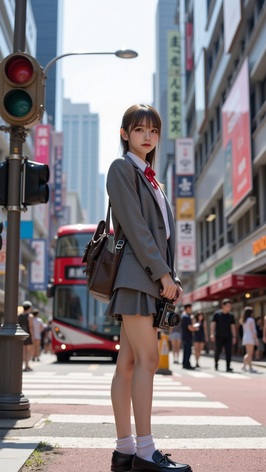 ultra-realistic, photorealistic, dramatic scene, shadow, global-illumination, solo, (age Japanese famous idol girl), very beautiful fragile Japanese girl, very beautiful with very cute but boyish cool face, (very large breasts), slim waist, (wearing a gray colored Japanese high school cute uniform of white shirt with blazer and skirt), (red ribbon), (very large breasts), wearing loafers with navy socs, a girl is standing with a classical Rolleiflex TLR camera hanging around her neck, a girl is looking at Chungking Mansions located in Tsim Sha Tsui in Hong Kong, signalized intersection with a crosswalk, bustling with people, chaotic yet vibrant atmosphere, low-rise floors with electric billboards, lively environment, sunny day, shoot from below, Hong Kong double decker bus, shoot from side