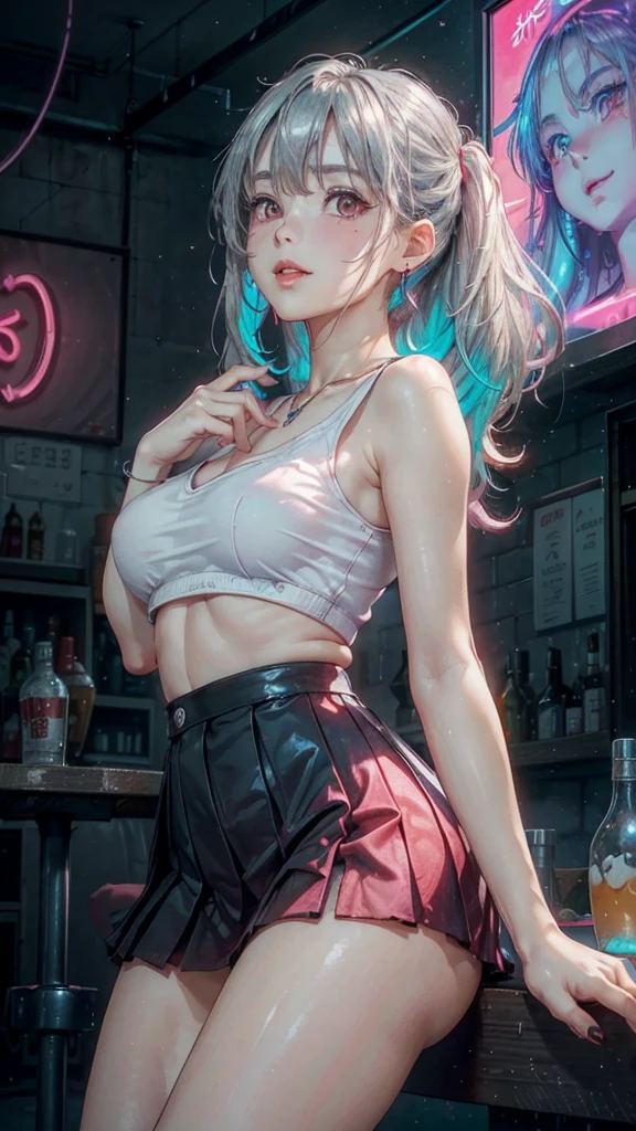 (masutepiece: 1.3), (Maximum resolution: 1.2), (Ultra HDTV: 1.2), Ultra HDTV, (Detailed eyes and skin), (Detailed facial features), 8K resolution, sharp-focus: 1.2, Perfect Style, beatiful face, Precise, anatomically correct, Highly Detailed Facial and Skin Texture, A detailed eye, light purple eyes, double eyelids, thin eyebrows, (lowered eyes:0.65), (Glitter eyeliner:1.2), (wet body), natural Cheeks, glossy skin, (light skin:1.2), Shiny necklace and earrings, (glossy lips: 1.4), BREAK, Absurder, One Man's Point of View, (She is the most beloved employee of the nightclub), (In black microbikini:1.3), (Wear an oversized shirt with white buttons:1.3), BREAK, (shy smile:1.2), ((18 years, Very nice and neat girl:1.3)), (Hairstyle in the form of a ponytail on the sides, Wavy Hair), (dark silver hair:1.4), mid length hair, ((the pose, which Stick your chest out of the counter:1.2)), ((A lot of spectators around;1.2)), Shot Full Body, (focus on breasts:1.2), looking up at the viewer, (From directly above), medium large breasts, (In a super erotic nightclub), BREAK, (((purple neon lights))), (((dim lighting:1.3))),
