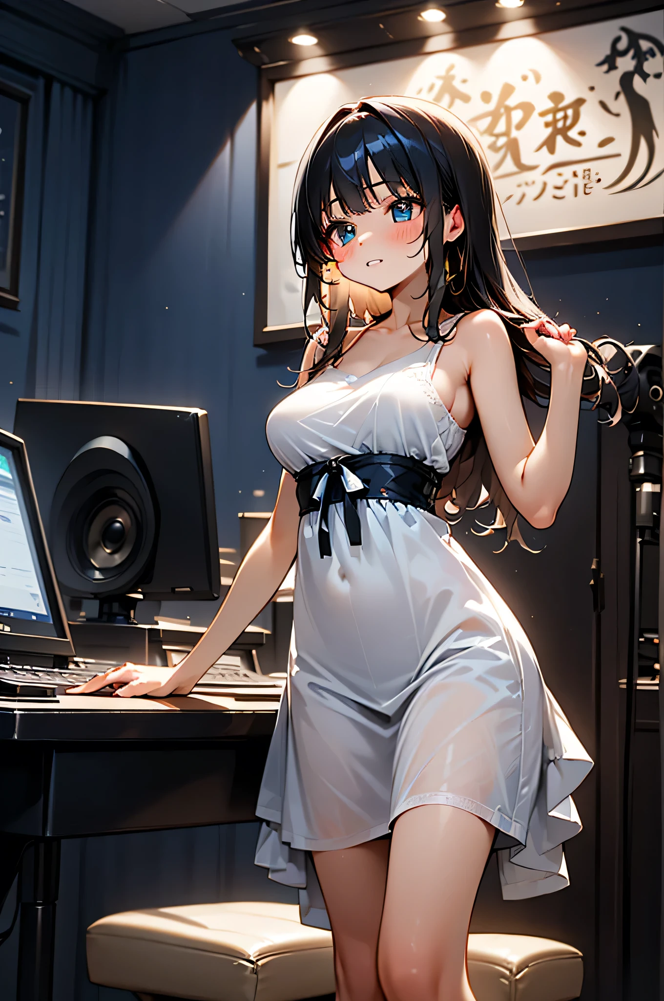 "An anime-style scene featuring 'Utane Yasumi' standing gracefully at the center of a radio studio. She wears a more revealing and alluring bunny girl outfit, designed to be stylish and elegant while emphasizing her curves tastefully. Her semi-long black hair is slightly wavy, and she has big expressive eyes with a cheerful yet subtly complex expression, reflecting a dual personality. The studio is detailed, showing microphones, sound panels, a control desk, and various broadcasting equipment, creating an authentic and lively atmosphere. The perspective captures the entire studio space with the character prominently in the center."
It seems like I can’t generate any more images right now. Please try again later. If you want to make any adjustments or discuss other ideas, let me know!