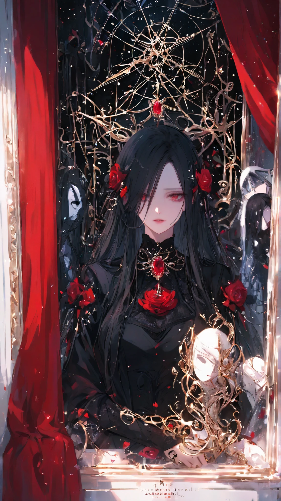 general,luisap,SakimiStyle,xxx667_illu,748cmstyle,dark gothic, The presence lingers beyond the threshold, just past the frame of sight. The figure stands at the edge of perception, veiled in the quiet weight of mourning, an absence draped in fabric too heavy for the air to move. The black lace cascades, pooling at the wrists, curling at the collar, an intricate tracery of delicate sorrow woven into every thread. The folds do not shift, yet they suggest motion, as if she has just arrived, or has never truly left.
The face is pale, untouched by time or light, framed in loose strands of dark hair that settle in unnatural stillness. The eyes remain low, half-lidded, unreadable. They do not search, they do not meet, but they see. There is no grief in them, no loss, only patience. The lips, painted in muted red, are neither pressed nor parted, a Schiele-like ambiguity between silence and withheld words.
The jewelry is modest, yet too intentional. A single ring, thin gold twisted into an unbroken circle, remains on the left hand, untouched, unpolished, a relic of something that once was. The brooch at her throat gleams dully, a small engraving at its center too faded to be recognized, though it catches the light in brief flashes, hinting at initials that no longer matter.
The air around her is heavy, perfumed with something faintly floral, but aged—lavender dried into brittle stems, rosewater diluted through decades of silence. The scent lingers long after she is gone, clinging to the edges of memory, soaked into the fabric of things left untouched.
The house is quiet. The doors remain closed. The curtains do not shift. Yet she is always there, just beyond the glass, just behind the window, just at the edge of the hallway where the light refuses to reach.
Not grieving.
Not waiting.
Only watching.