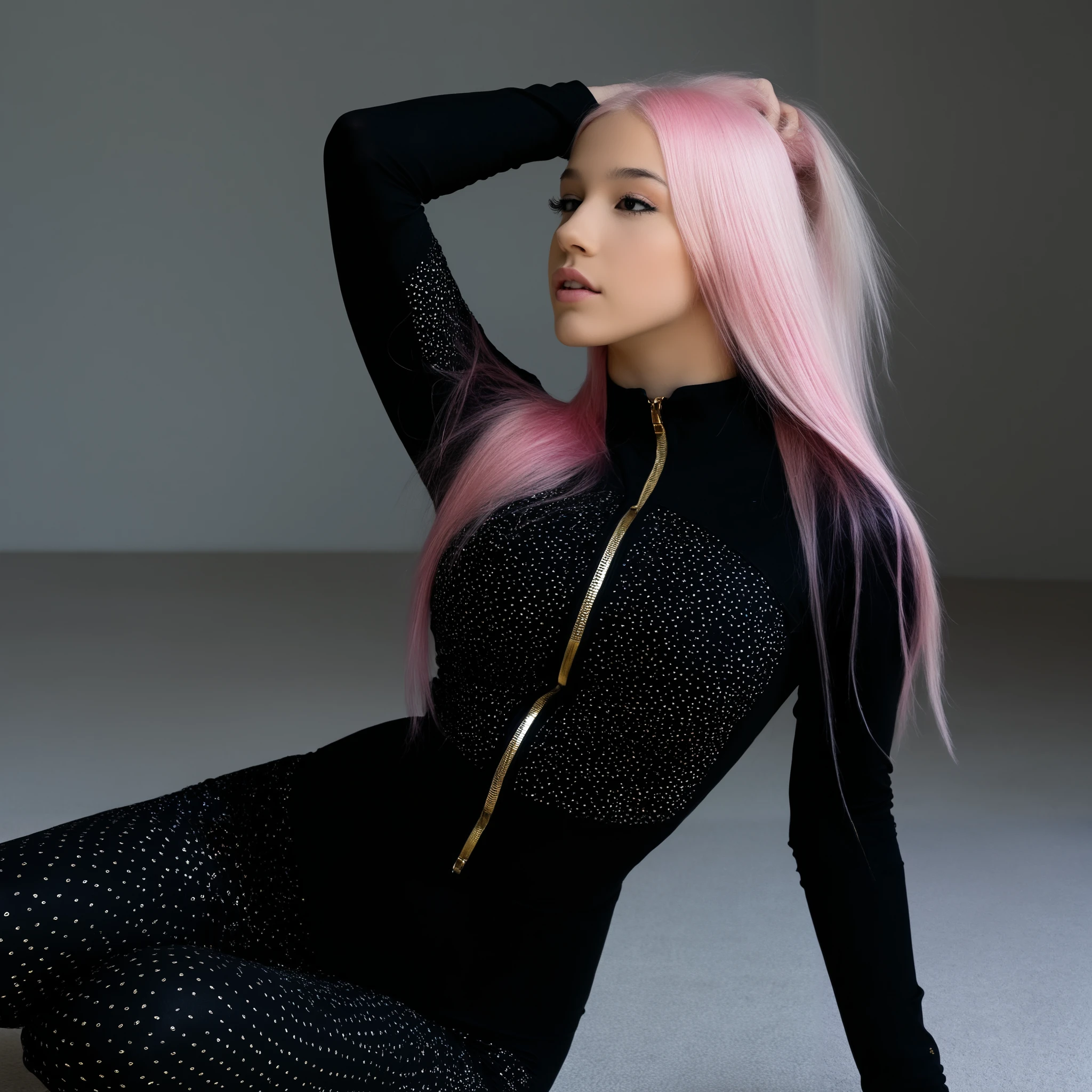 Stable_Yogis_PDXL_Positives score_9, score_8_up, score_7_up, score_6_up, 1girl, solo, long pink hair, lying elegantly on the floor, wearing a sleek black long-sleeve top and high-waisted textured leggings with sheer paneling. One leg is lifted gracefully, showcasing knee-high black boots with gold zipper details. She holds her phone delicately in one hand while adjusting her hair with the other, her large chest subtly highlighted by the fitted fabric. The soft lighting and neutral background enhance the clean, sophisticated aesthetic, making this an effortlessly chic Instagram-worthy pose.