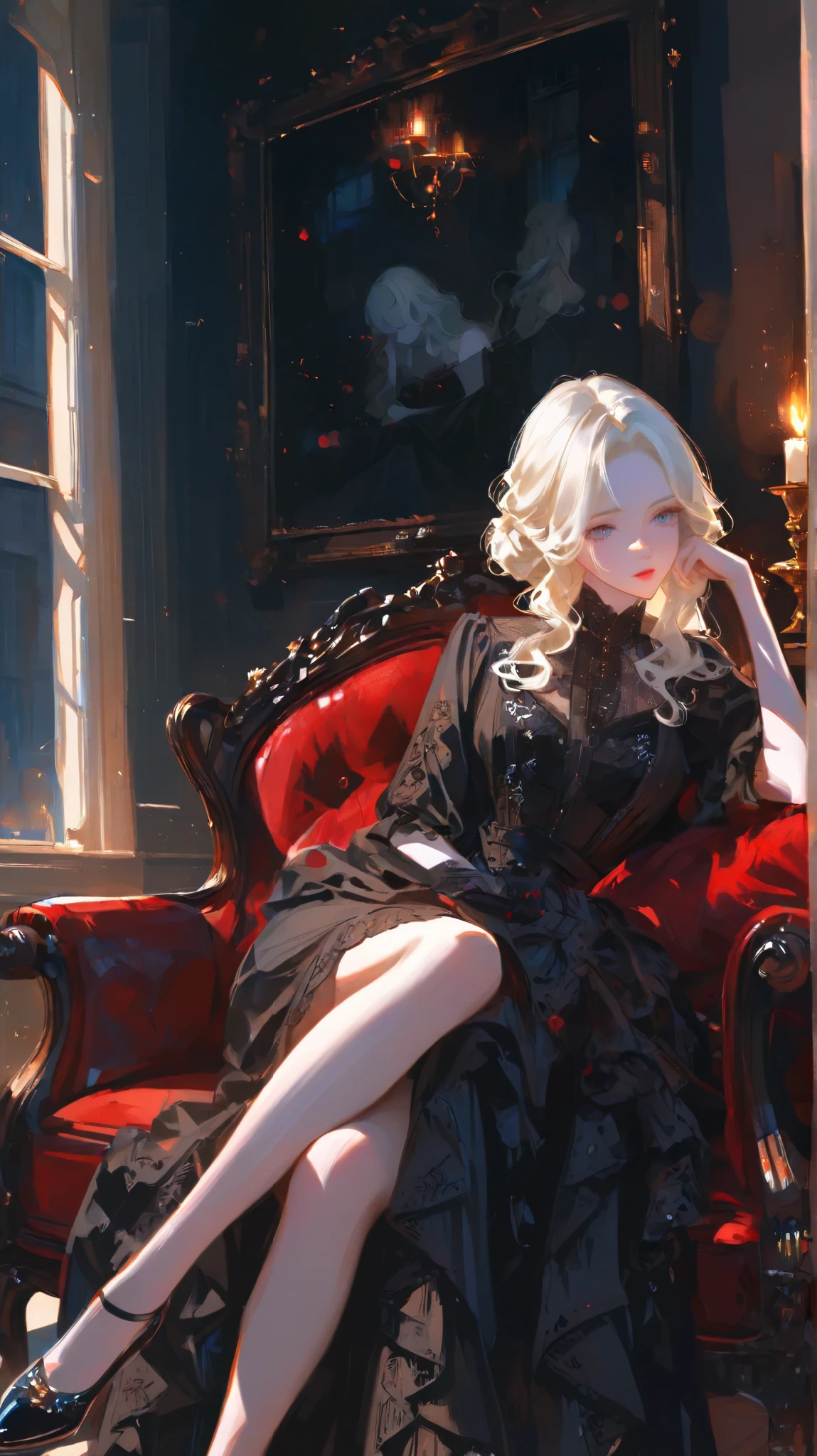 romantic painting of a beautiful widow (long dark wavy hair, pale delicate skin, wearing an elegant black Victorian dress with lace details and subtle embroidery), seated gracefully on a vintage chaise lounge, her body slightly reclining with one elbow propped against the armrest, her delicate fingers resting on her cheek, lost in thought, her other hand loosely holding a wine glass, her legs elegantly crossed beneath the flowing folds of her dress, candlelight flickering softly, shadows dancing across the dimly lit room, misty haze drifting outside the large window, chiaroscuro lighting emphasizing the contrast between candlelight and moonlight, highly detailed glazing and soft brush strokes, inspired by John William Waterhouse, romanticism style, mysterious and melancholic ambiance.