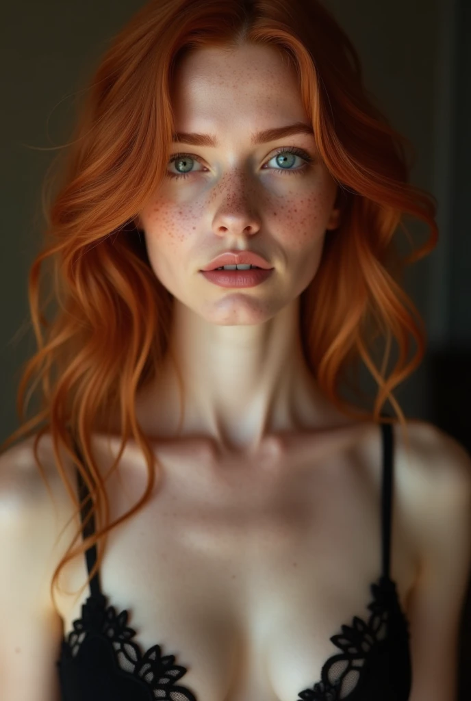 Generate image of young woman full body completely naked:
- Skin color: very light white and freckled - Hair type: short and wavy with a length down to her jaw - Hair color: dark red - Face shape: Oval - Eyes: good girl big ones - Boca: Very red medium lips - Body: Slim and fit with small, perky breasts - Body type: very thin