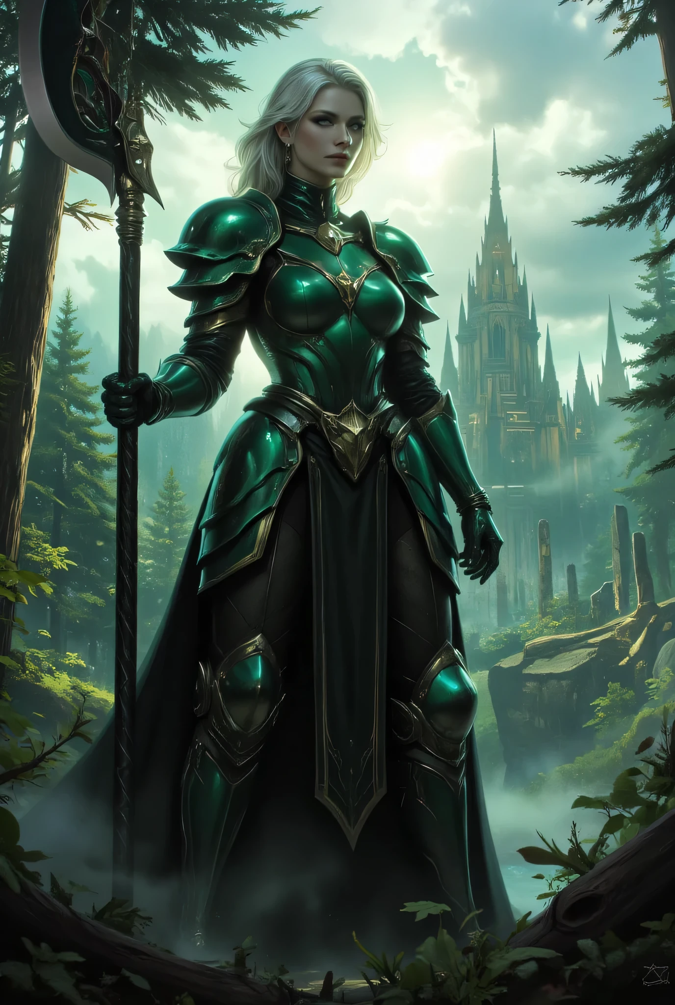 a fantasy art illustration of a  female giant knight armed with a mighty axe standing near a temple built in a fantasy forest, (((she is taller than the trees: 1.3))) a wild beautiful, exotic beautiful giant knight, ((anatomically correct: 1.5), (ultra detailed face: 1.2), best detailed face, dynamic hair color, dynamic hair style, armed with a giant axe, shiny axe, its blade reflects the sunlight, studded with gems, wearing green glass armor, wearing ((black leather jacket)), dynamic armor color, wearing high heeled boots, standing near a fantasy temple, magnificent temple, in a dark forest, plenty of trees,  with a tower, clouds in the sky some sun rays, vibrant, Hyperrealism style, vibrant, Ultra-high resolution, High Contrast, (masterpiece:1.5), highest quality, Best aesthetics), best details, best quality, highres, ultra wide angle, 16k, [ultra detailed], masterpiece, best quality, (extremely detailed) RAW, invert color