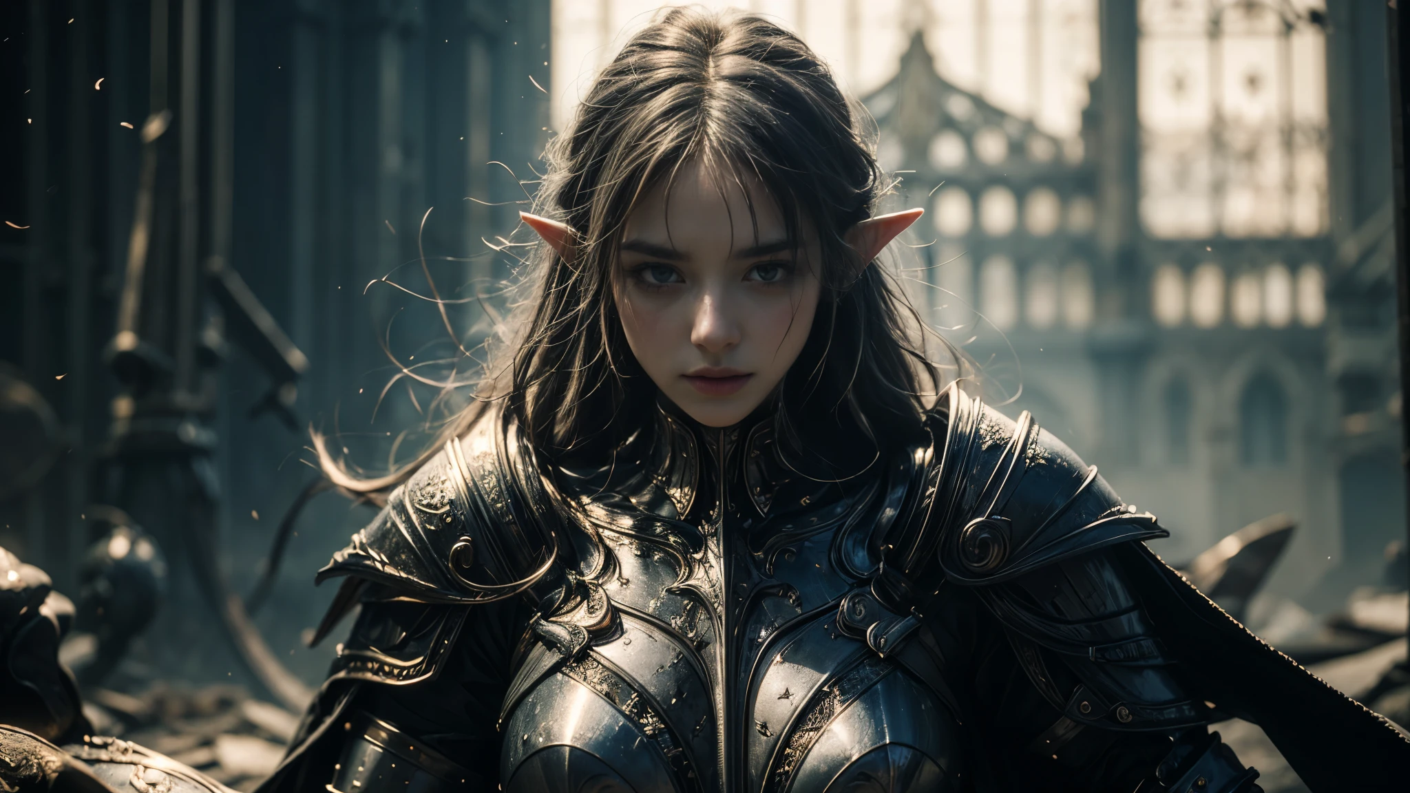 (Masterpiece:1.21), (Best quality:1.331), ((Ultra-detailed)), ((extremely best illustration)), ((Amazing)), (hyper qualit), Gorgeous and rich graphics, (Extremely delicate and beautiful:1.21), 8K, the wallpaper, (extremely beautiful lighting), hard light, Delicate composition, (Perfect positioning), (extremely beautiful and detailed background:1.21), Rembrandt style expression of light and shadow, Dark tone, (Low profile, high differential color levels), ((Depth of field)), deepshadow, Radial blur, rain, (The background is blurred out), (1 female elf),(Beautiful detailed eyes), looks into camera，（（half-body shots）），Large breasts，Complex leather armor，Glowing sword，The background is a cemetery，(((grieves，streaming tears)))