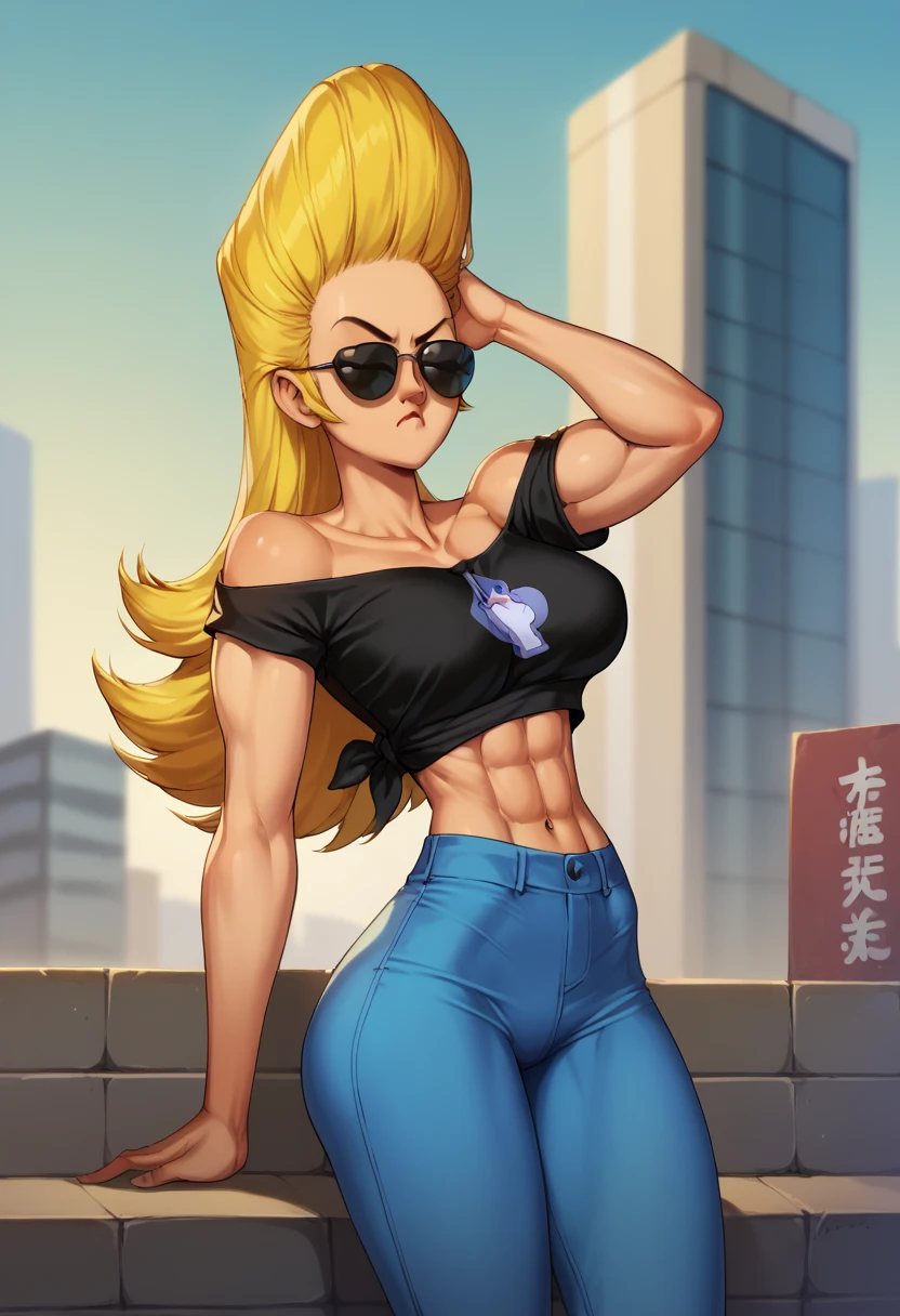 A sexy bad bitch, street style, vulgar, vulgar clothes, middle finger, blue jean shirt, croptop, teen, long blond hair, blue eyes, very black eyeliner, black nail, bitch position. Dirty street background. detailed, masterpiece, UHD