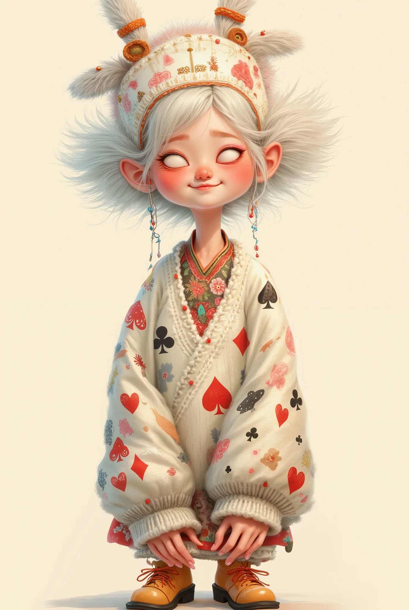 illustration, cartoon,Pixar,( masterpiece, Best Quality :1.2), 1 Chinese Grandma , is unique,White wavy hairstyle, Light and Fluffy Long Hair ,扑克牌发带,扑克牌毛衣,pure background ,in style of dieselpunk ,
