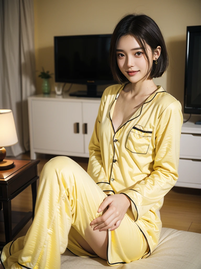 (1girl),(luxury apartment),(luxury bed),(luxury pajamas:1.2),topless, (small nipples), (big breasts:1.2),nude gravure,beautiful Japanese,clothes in disarray,earrings,(from above:1.5) ,(looking at viewer),(kneeling pose),smirk,(upper body),((black hair yellow dip-dye hair)),(medium hair),26years old,