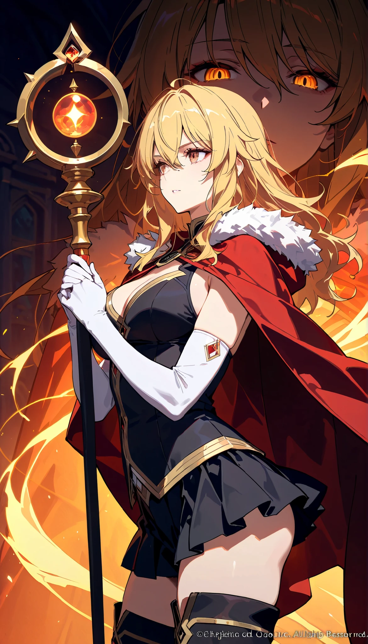 (artist:OKAZU:1.10), (artist:hiten:0.51), artist:WANKE, (artist:ciloranko:0.55), (Gina, Solo Leveling character), (masterpiece: 1.2), (best_quality: 1.0), (solo: 1.4), 1woman, 35 years old, (mature woman, strict facial features, sharp facial features), ((close-up, upper body, half body: 1,4)), ((Ultra Detailed, Cinematic, hyper detailed, Hyperresolution, official arts, Wallpaper 40k, Mind-blowing art)), (blonde long hair, hair between eyes), voluminous hair, bright brown eyes, mesmerizing eyes, Beautiful finger, Beautiful body, Beautiful nose, Beautiful character design, perfect eyes detail, perfect face, Colorful, Bright_Front_face_Lighting, (bright_color: 1.2), (beautiful, medium breasts size: 1.2), (big ass: 1.2), muscular woman, (beautiful_face: 1.5), medium physique, seductive, muscular woman, (beautiful, clean skin), side view, , (sleeveless jacket, jacket with short skirt, short skirt, black skirt, black jacket, fur-trimmed cape, red cape, fur trim, gloves, elbow gloves, white gloves, mid-thigh boots, black boots), (chenille clothes) , medium cleavage, ((wizard woman, short magic staff,magic, spell contours)), head is not covered, matte color clothing, (against the background of the walls of the gloomy dungeon), hands forward, both hands hold the staff,