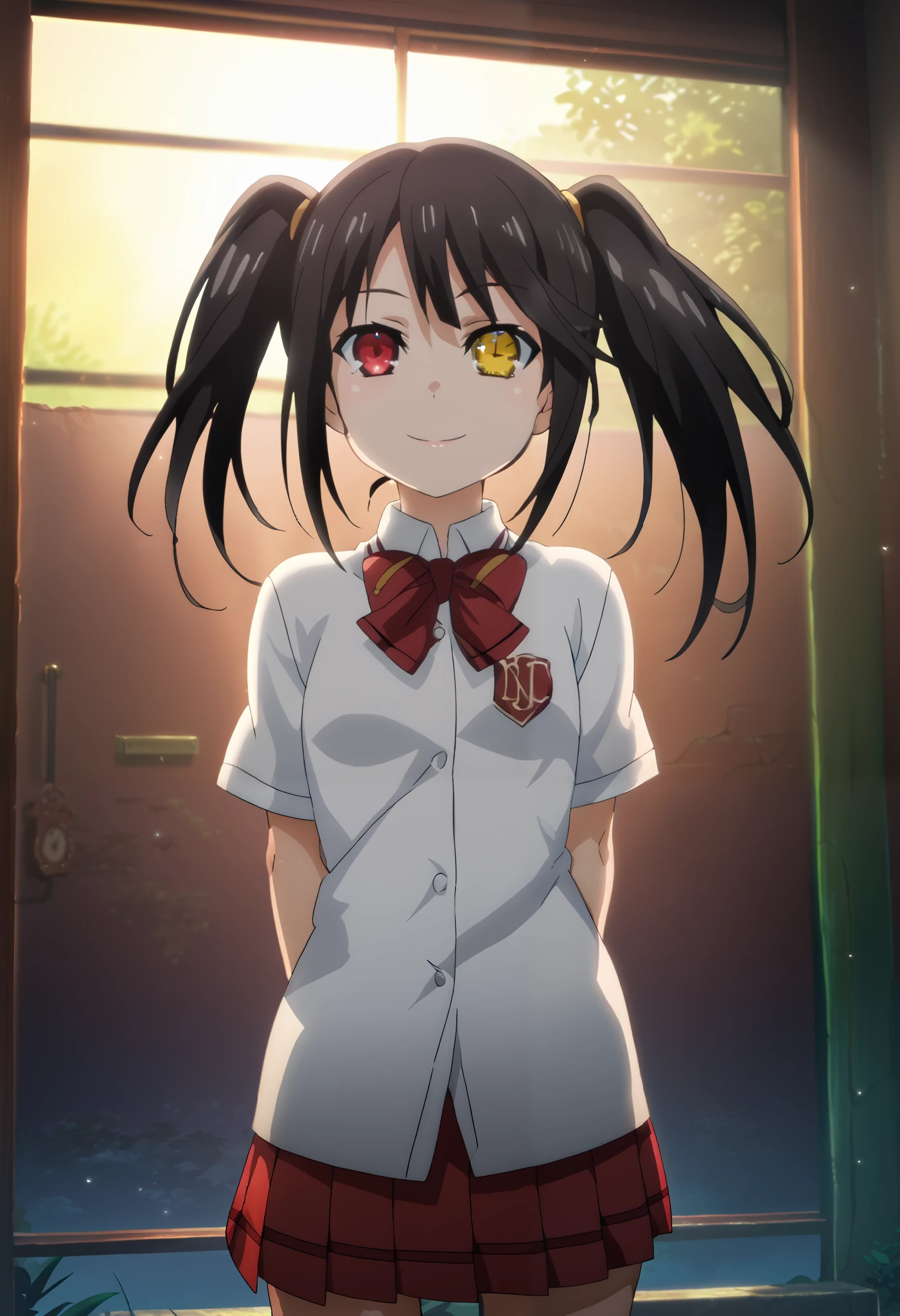TRexStudio,source_anime, anime screencap,Shiny skin,dynamic lighting, detailed shading,moist skin, HENTAI , TokisakiKurumi, black hair, twintails, heterochromia, red eye, yellow eye, clock eyes, looking at viewer, otonokizaka school uniform, cowboy shot, outdoor, morning, light smile,arms behind back