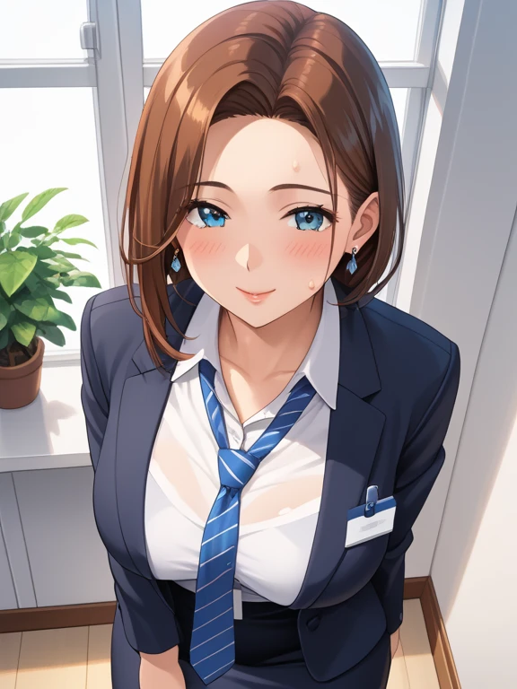 (masterpiece, best quality:1.2), <lyco:bokunokanojosensei_fujiki-09:1.0>, solo, 1girl, fujiki maka, smile, looking at viewer, sitting, crossed legs, teacher, blue jacket, collared shirt, pantyhose, jewelry, earrings, cleavage, large breasts