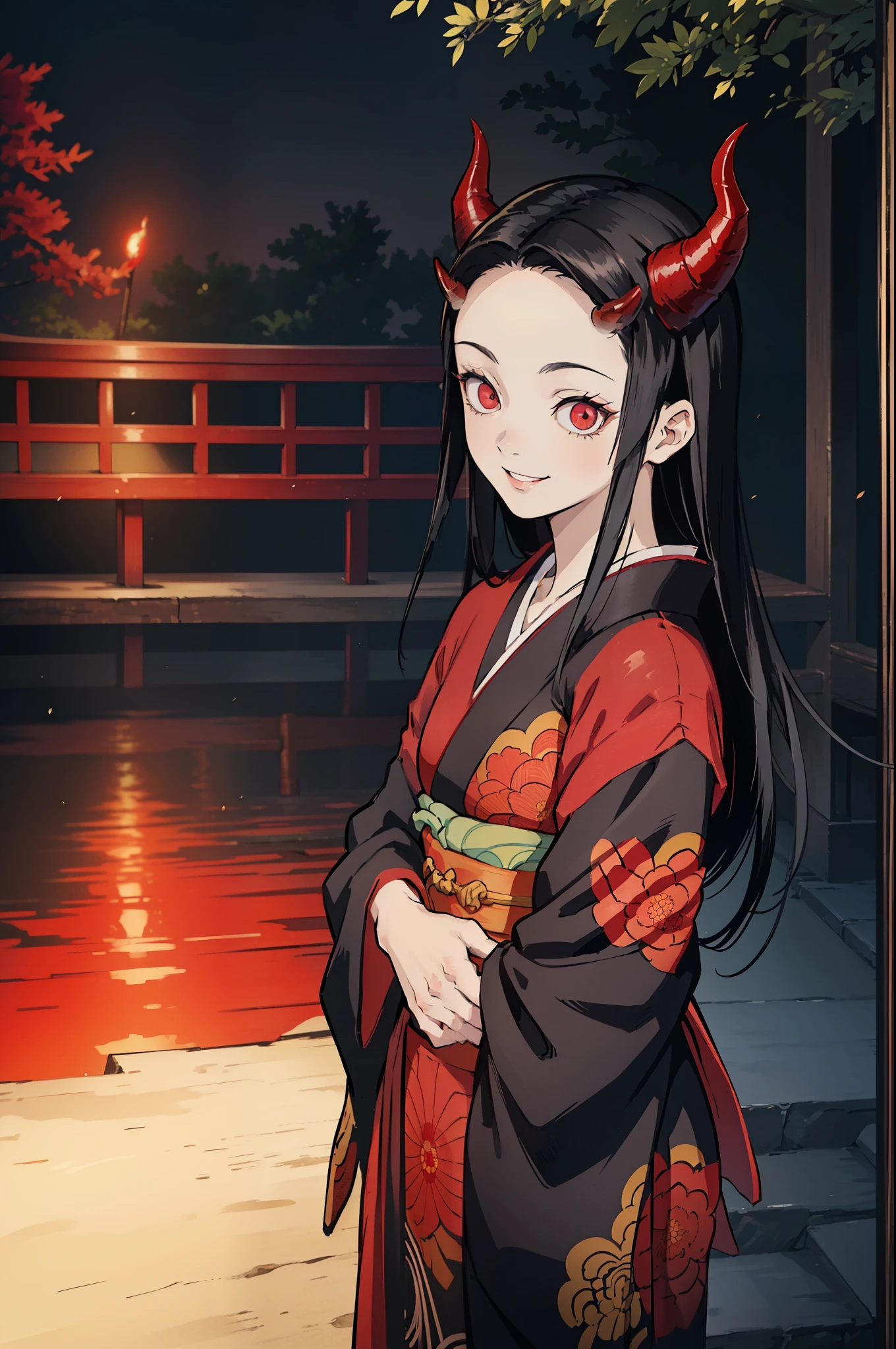 (masterpiece, best quality:1.2), kimetsu no yaiba style, kiyomi, (upper body, front view), (1girl, solo), (black long hair, straight hair, forehead), (red demon horns, red eyes), (loking at viewer, smile:1.1), kimono, (standing in the Japanese style garden, scenery)