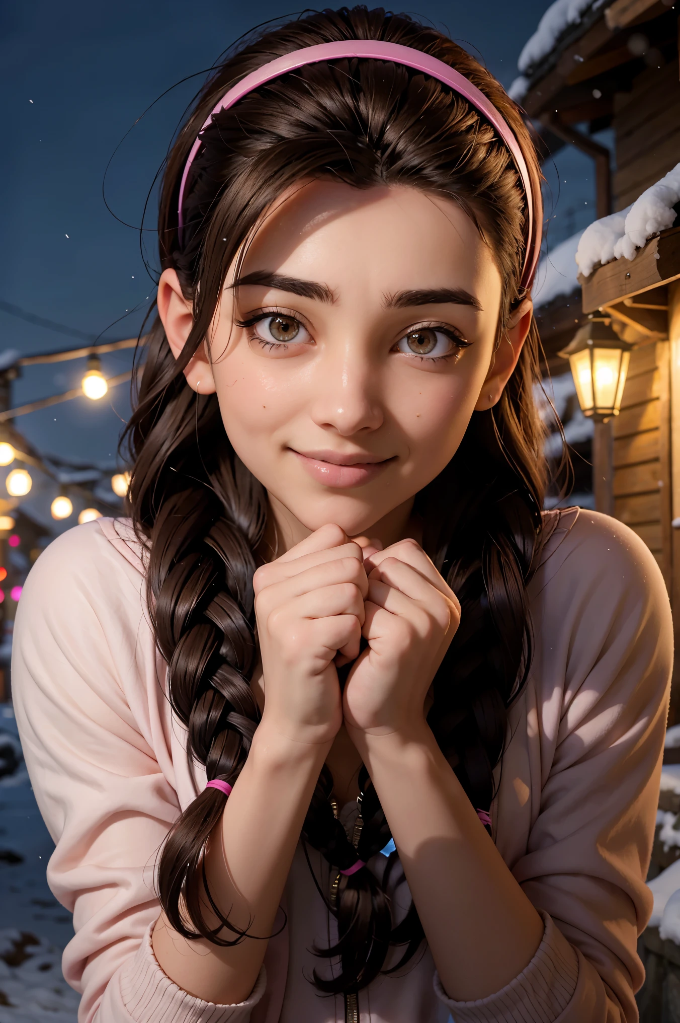 An impressive and intricate full color portrait, Ultra-HD a girl, brown hair with 2 braids, brown eyes, pink headband, detailed face, dressed in a winter jacket, no logos, epic character composition, alessio albi, nina masic, sharp focus, natural lighting, subsurface dispersion, f2, 35mm, night winter, snow, snowfall, winter gloves, smiling with teeth, happy face.