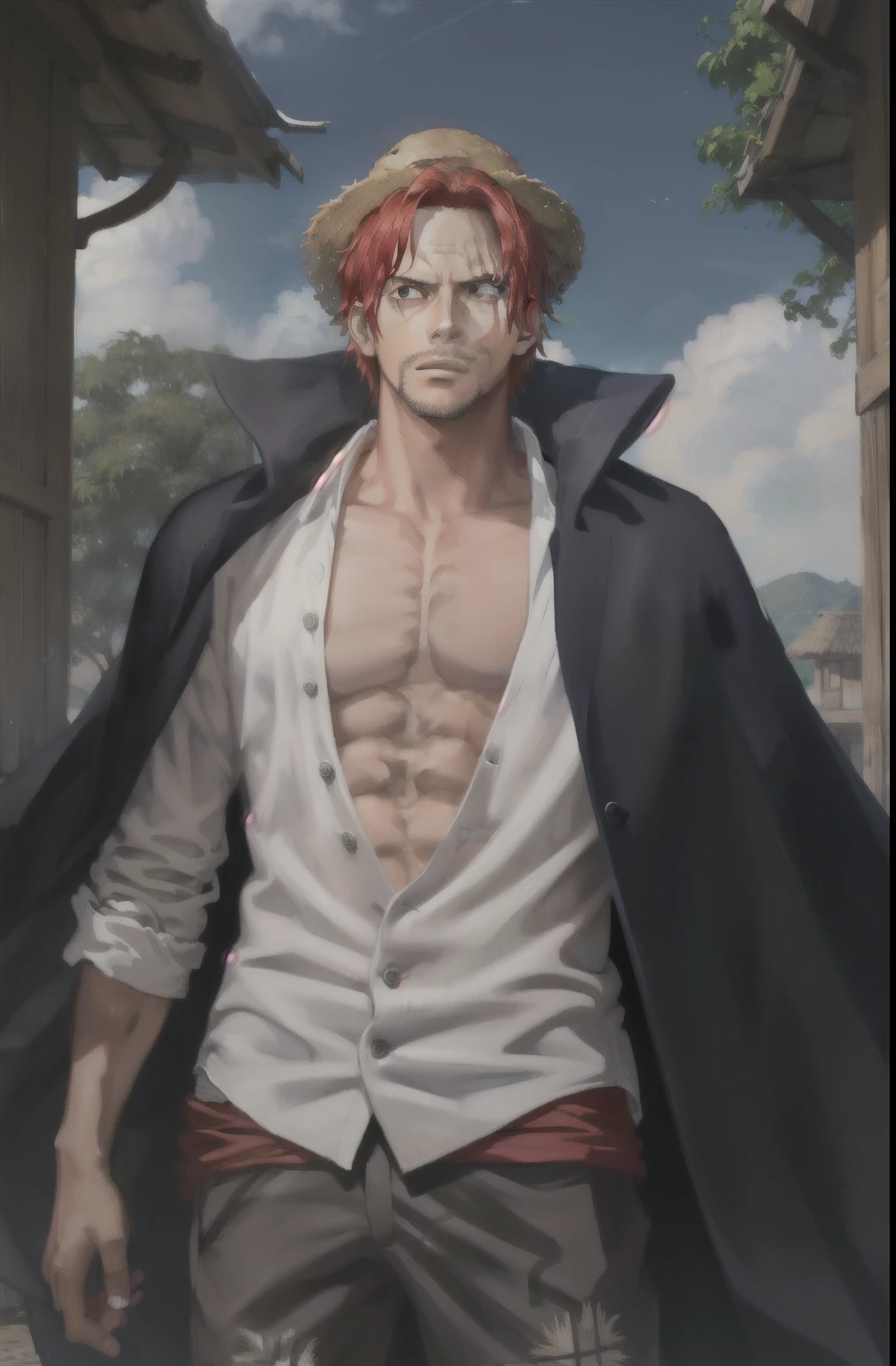 ( is a great painting, best quality), Intricate Details ,
1 boy , man, red hair, straw hat, Thank you , legs \(One Piece\), Scar on face, short hair , shirt , white shirt , male focus, open clothes , collared shirt , has , cloak, coat, open shirt , facial hair, Scar, sandals, chest muscles , partially unattached , Thoracic fissure , coat on shoulders, nature , landscape , upper body, straw hat,