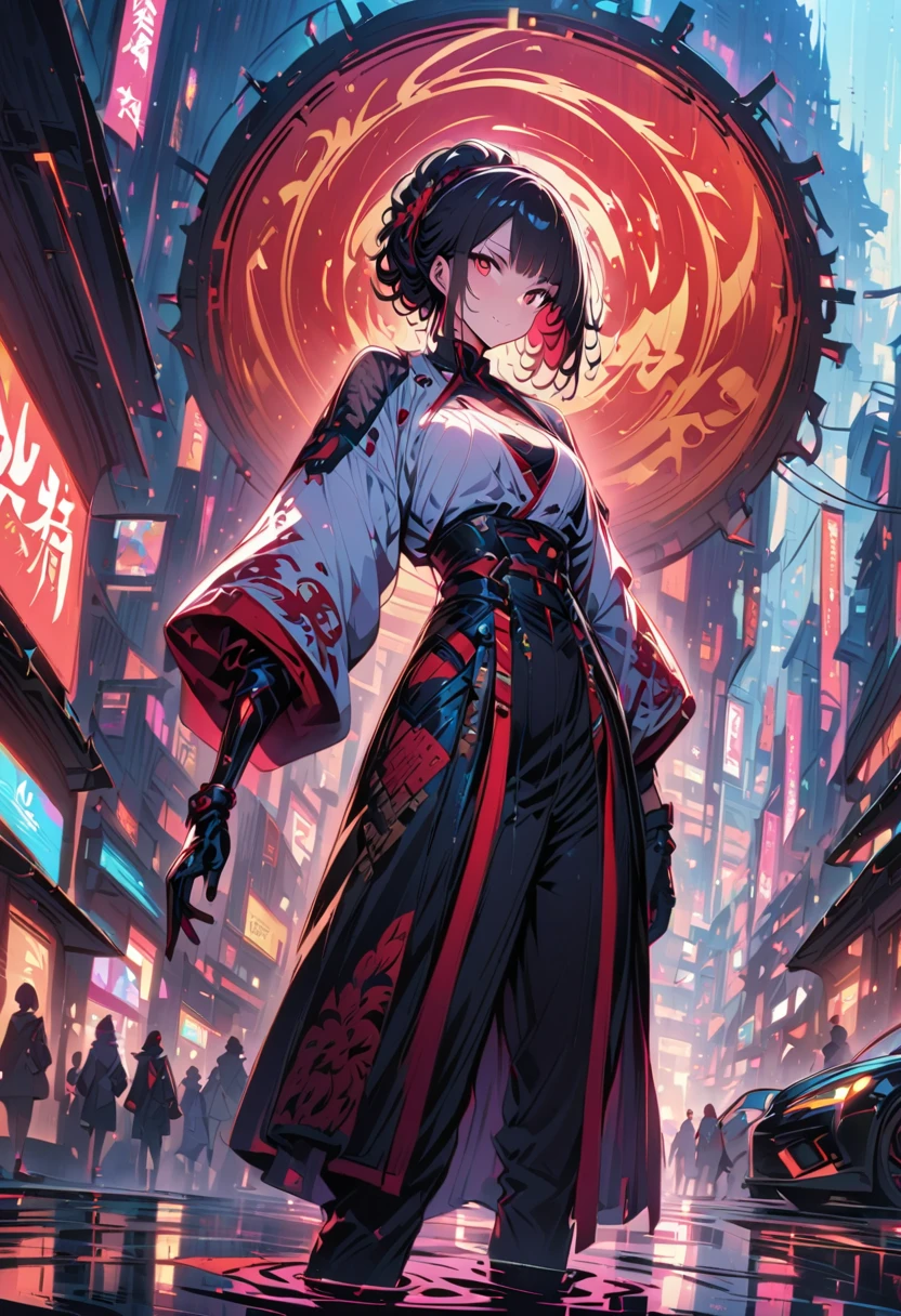 A woman stands in front of a street full of lanterns, I lost cyberpunk style, Ross Tran. Landscape Background, rossdraws Global Illumination, I lost. Unreal Engine, red lantern, Atei Gailan 8K, I lost style, ( ( I lost ) ), By Atey Gairan, inspired By Atey Gairan