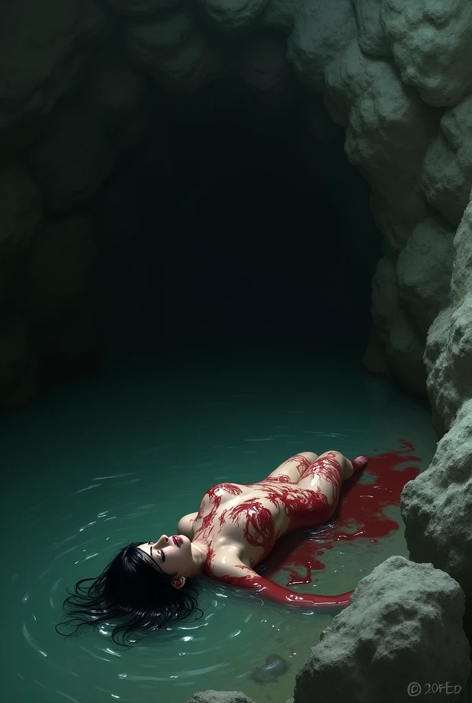 Perfect eyes and face, normal limbs, A dead woman, , slaughter victim, murdered, on the mud, dead, at night, dark lighting, splaterd blood, blood all over her body, full body, naked, nude, skiny body, pussy, dying, bloody gore, tortured, violence, slashed body
