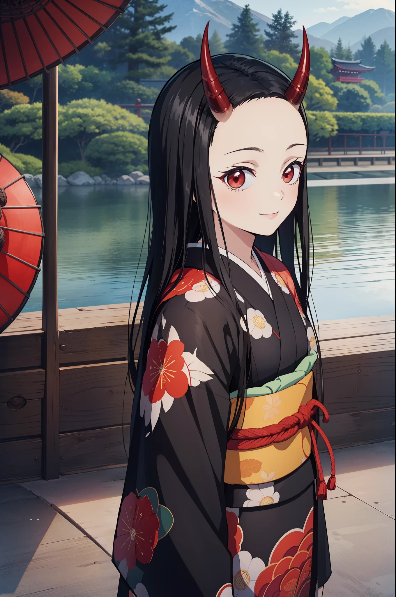 (masterpiece, best quality:1.2), kimetsu no yaiba style, kiyomi, (upper body, front view), (1girl, solo), (black long hair, straight hair, forehead), (red demon horns, red eyes), (loking at viewer, smile:1.1), kimono, (standing in the Japanese style garden, scenery)