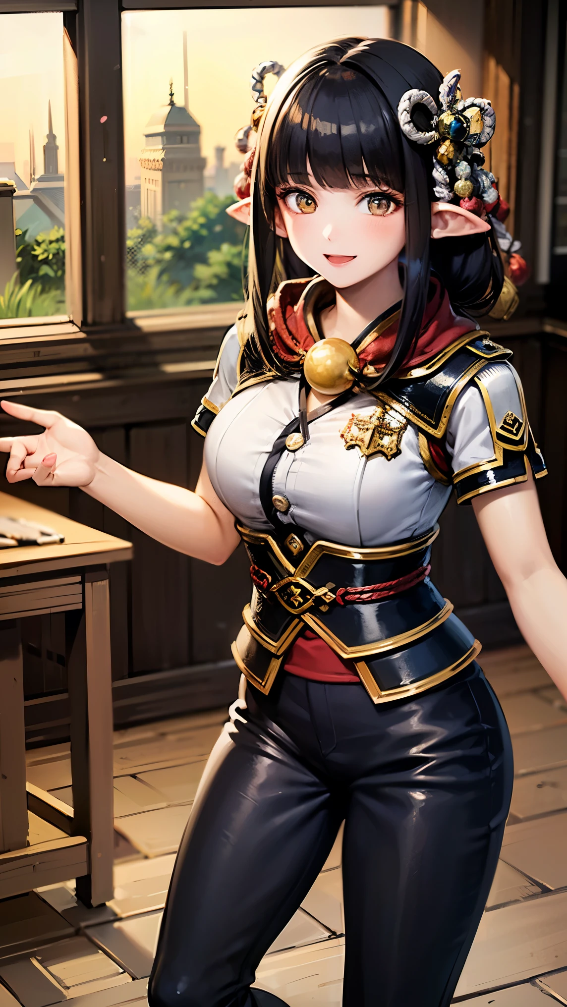 ((Best quality, 8k, Masterpiece: 1.3)), A cheerful and adventurous female receptionist from a fantasy hunting guild, inspired by the 'Monster Hunter' series. She has a warm smile and bright, expressive eyes. She wears a detailed, fantasy-style uniform with leather straps, a high-collared vest, and a stylish scarf. Her outfit includes intricate embroidery, pouches, and a book for recording hunting quests. Her hair is neatly tied with a decorative hairpiece, complementing her energetic and helpful personality. The background features a lively guild hall filled with wooden furniture, maps, and hunting trophies, creating an immersive fantasy setting. The lighting is warm and inviting, emphasizing her friendly and enthusiastic demeanor