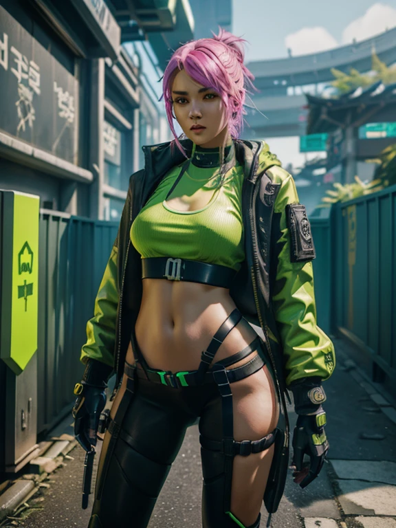 Cyberpunk, keyhole_cleavage, Safe For Work, Woman, street worker, Cyberpunk street in background, brightly colored clothing, ethnically from the South America, sexy clothing, neon colored clothing, short open coat, tight knee length shorts, shirt with cleavage cutout, nicely detailed, sharp focus, neon green shirt, neon yellow coat, neon pink pants