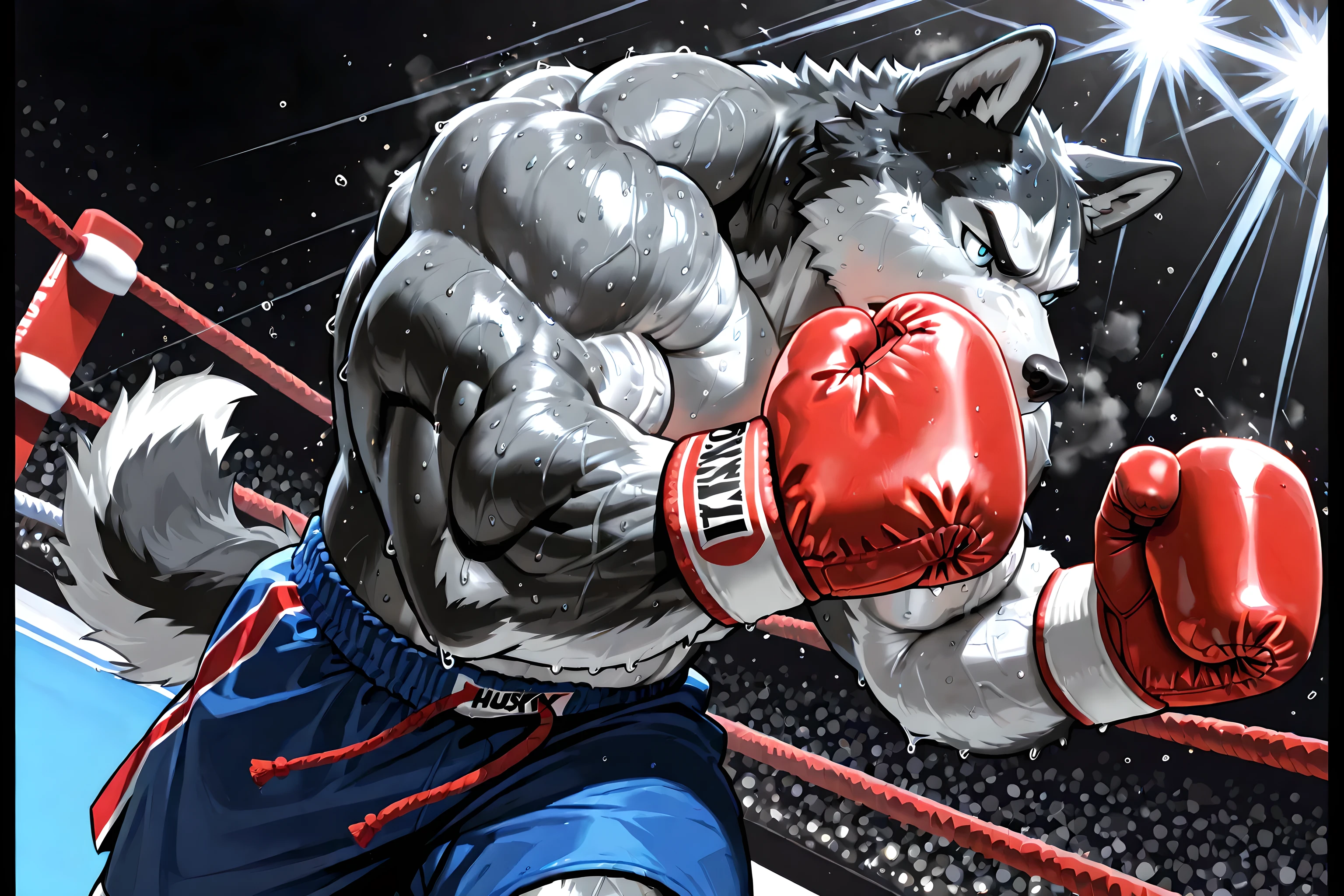 husky boxing, husky, 4k ultra quality, 4k, masterpiece quality, (sweaty, thick arms), very muscular, male, bulging muscles, boxing gloves, boxing_trunks, action pose, dynamic,
